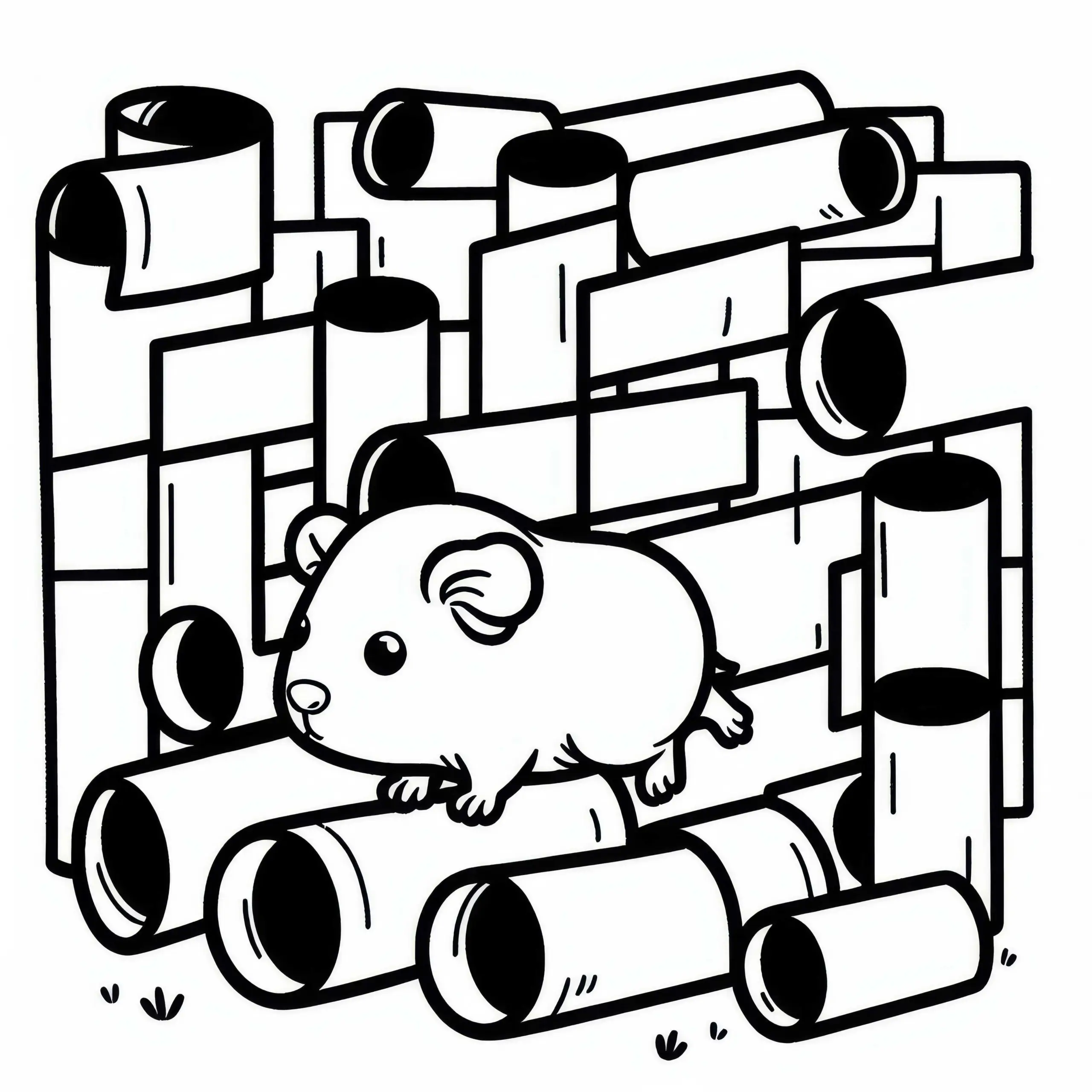 Meerschweinchen rennt durch ein Labyrinth aus Papprollen: Einfaches Ausmalbild (Kostenlos)