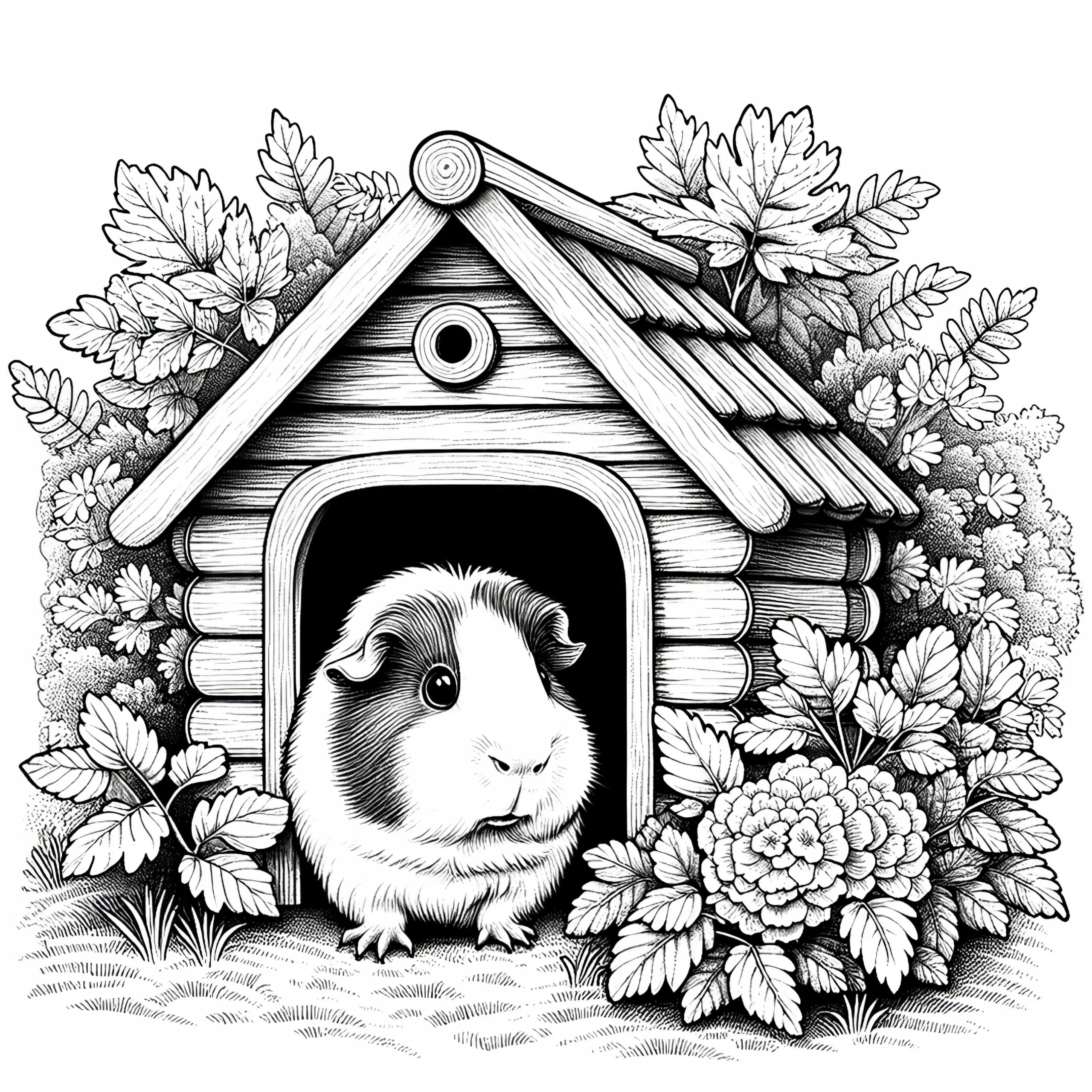 Meerschweinchen schaut neugierig aus seinem Haus: Detailreiche Malvorlage (Gratis) (Ausmalbild)