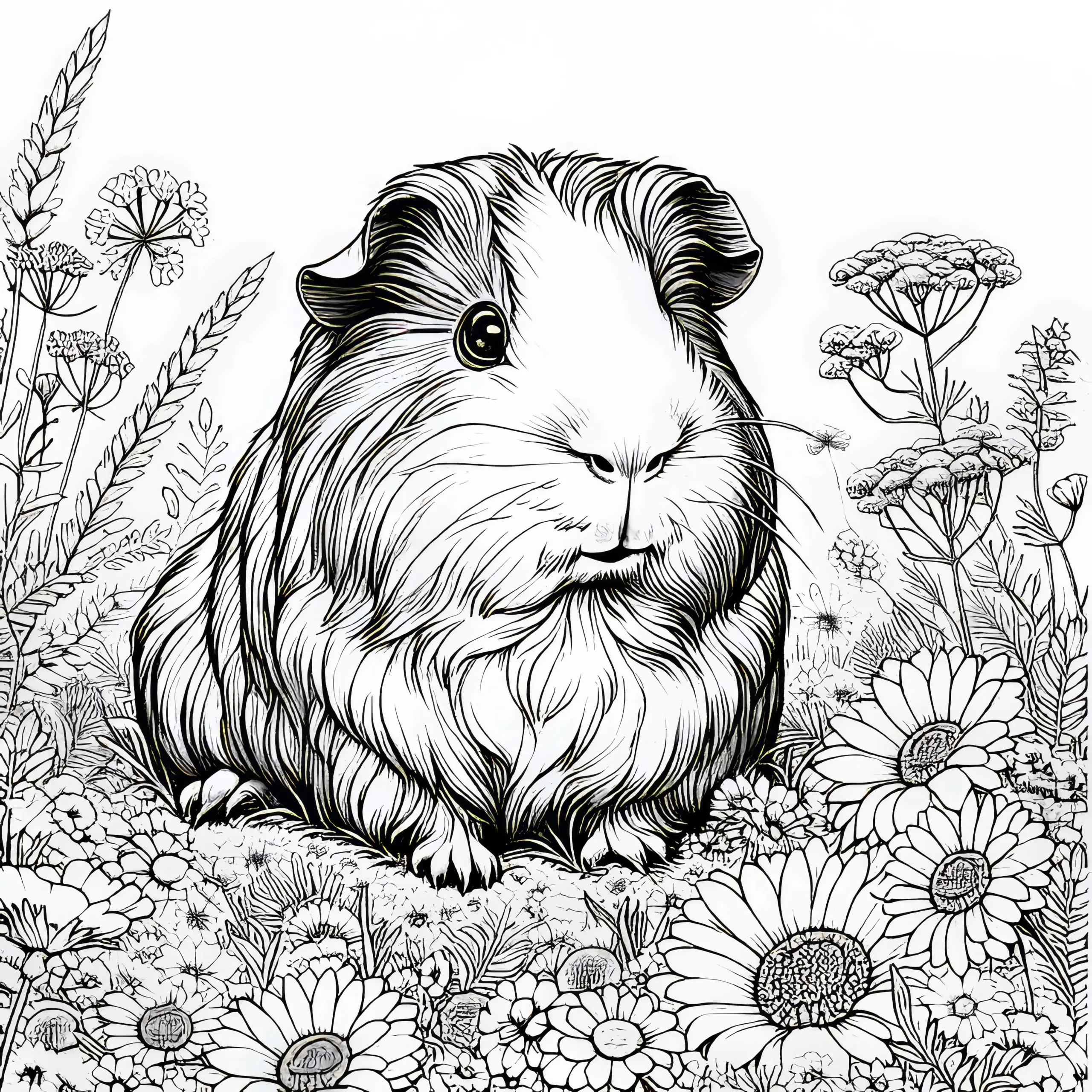 Meerschweinchen sitzt auf Wiese voller Blumen: Detailreiche Malvorlage (Kostenlos) (Ausmalbild)