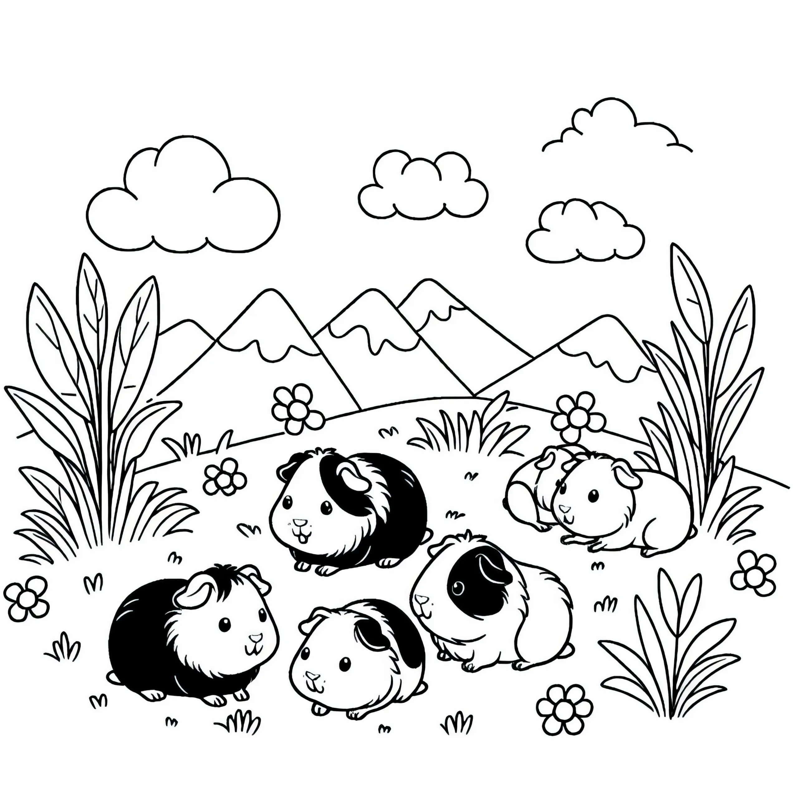 Meerschweinchen spielen auf Wiese: Einfache Malvorlage (Kostenlos) (Ausmalbild)