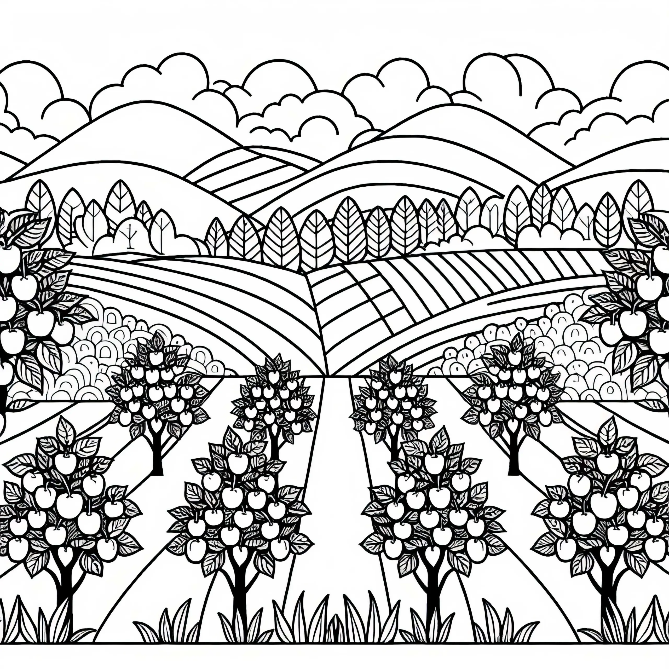 Mehrere Apfelbäume in einer Plantage – Malvorlage kostenlos (Ausmalbild)