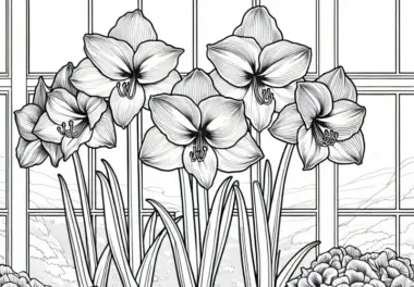 Mehrere Blumen, Amaryllis Blühen auf sonniger Fensterbank – Ausmalbild gratis