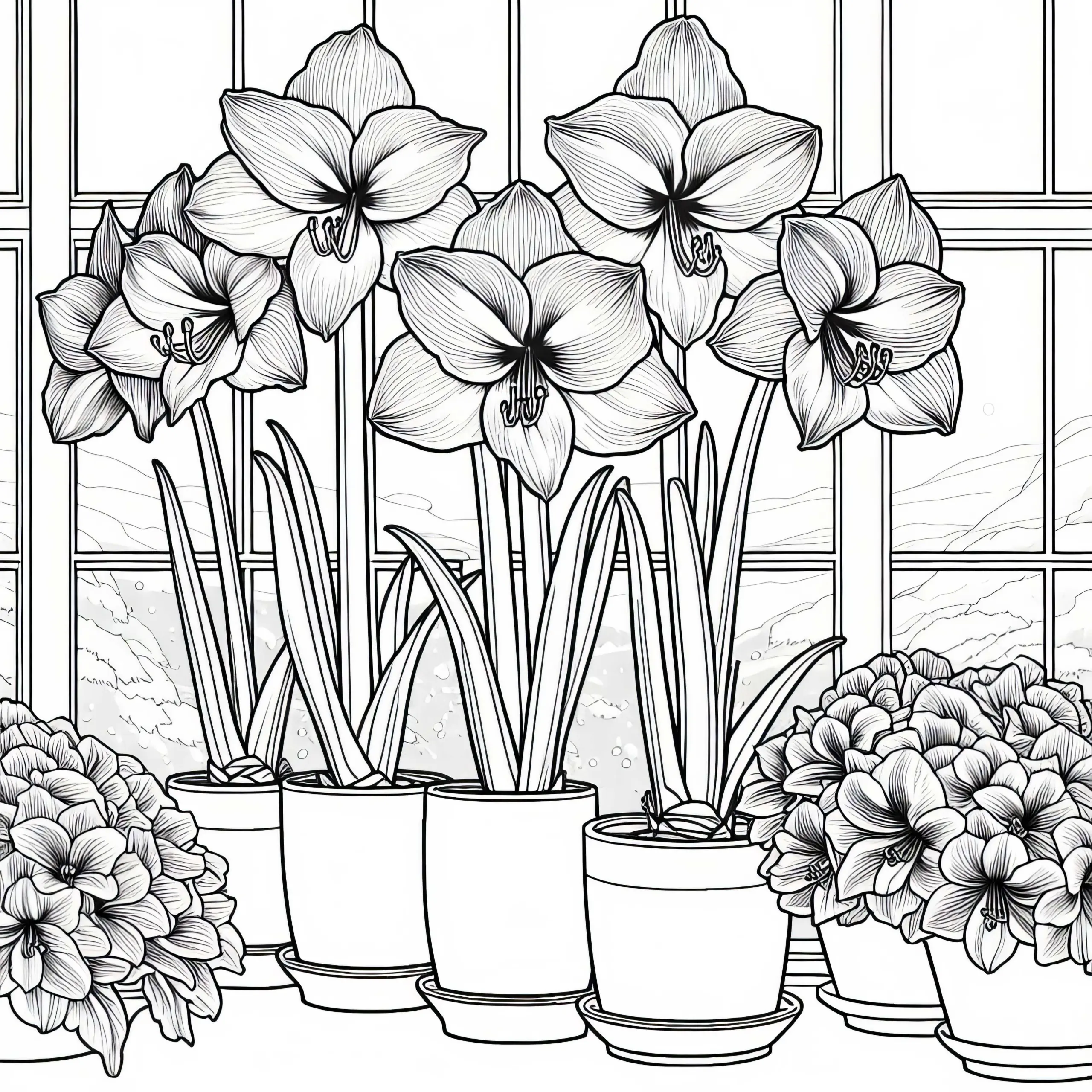 Mehrere Blumen, Amaryllis Blühen auf sonniger Fensterbank – Ausmalbild gratis