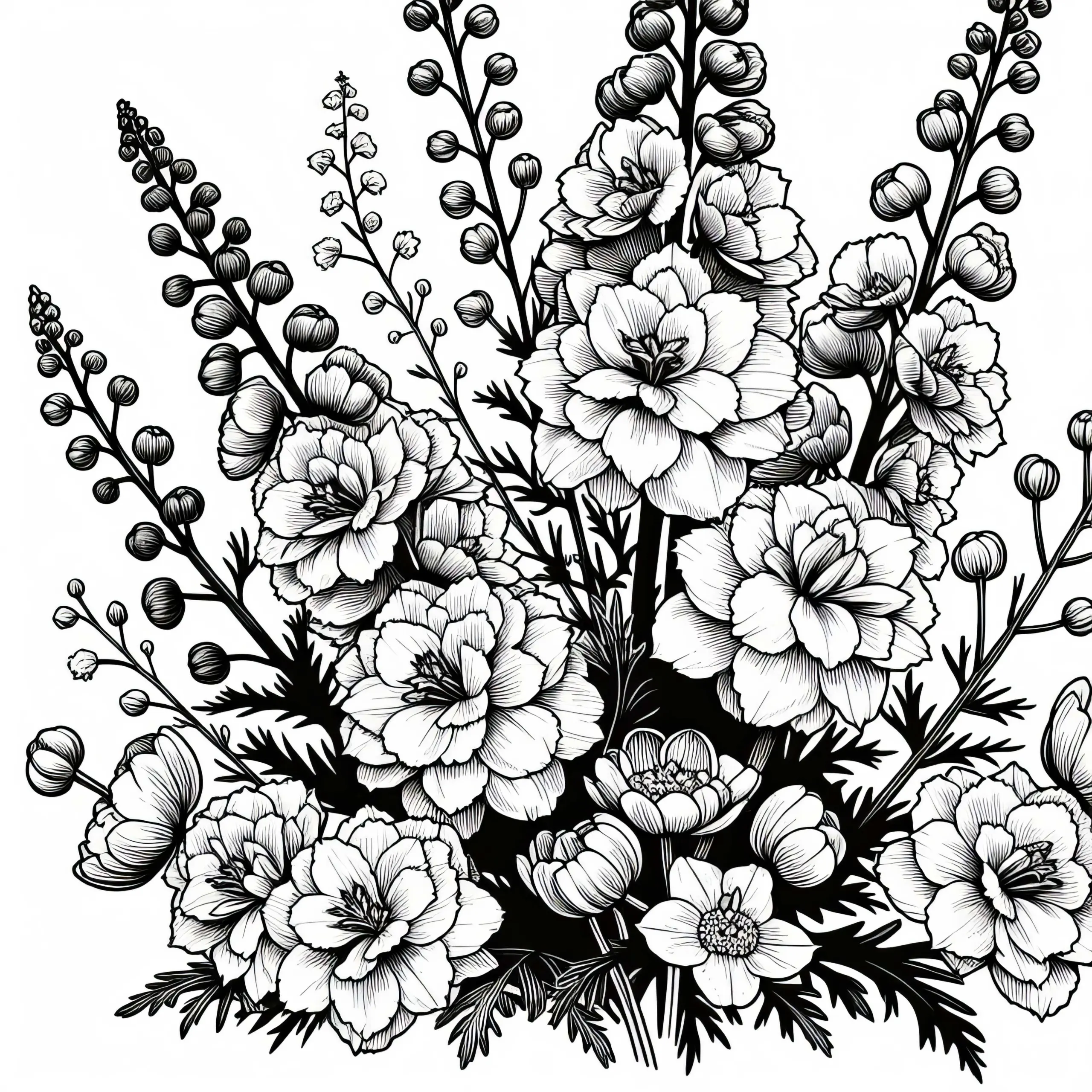 Rittersporn Ausmalbild – Mehrere Blumen Kostenlos Herunterladen