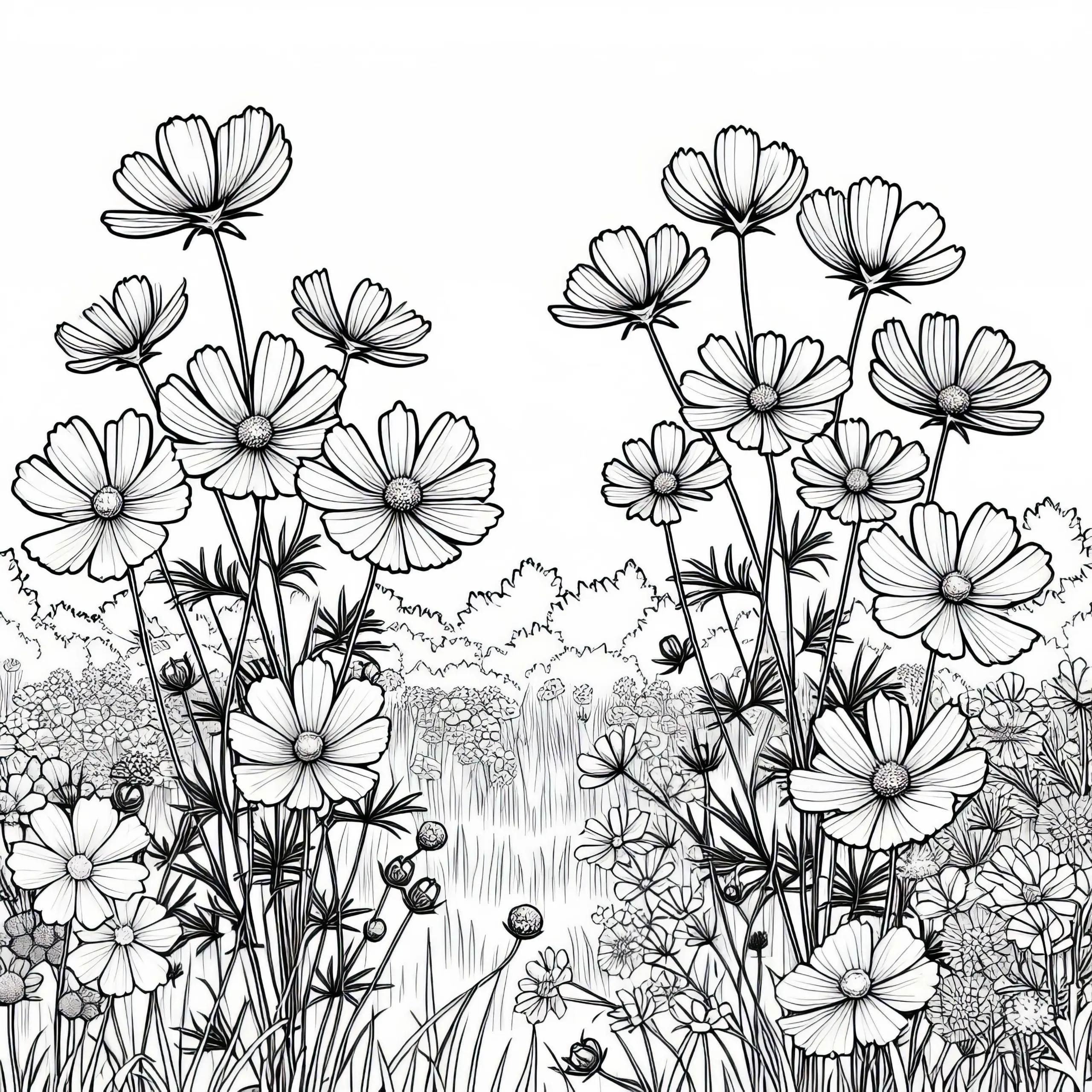 Mehrere Blumen und Schmuckkörbchen Wachsen auf Wiese – Malvorlage Gratis (Ausmalbild)