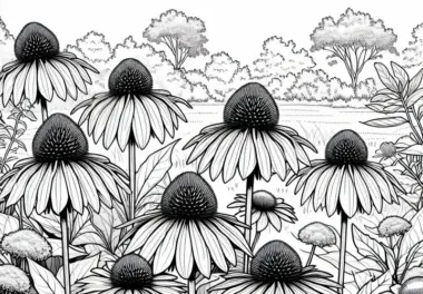 Mehrere Blumen mit Sonnenhüten stehen nebeneinander – Ausmalbild kostenlos