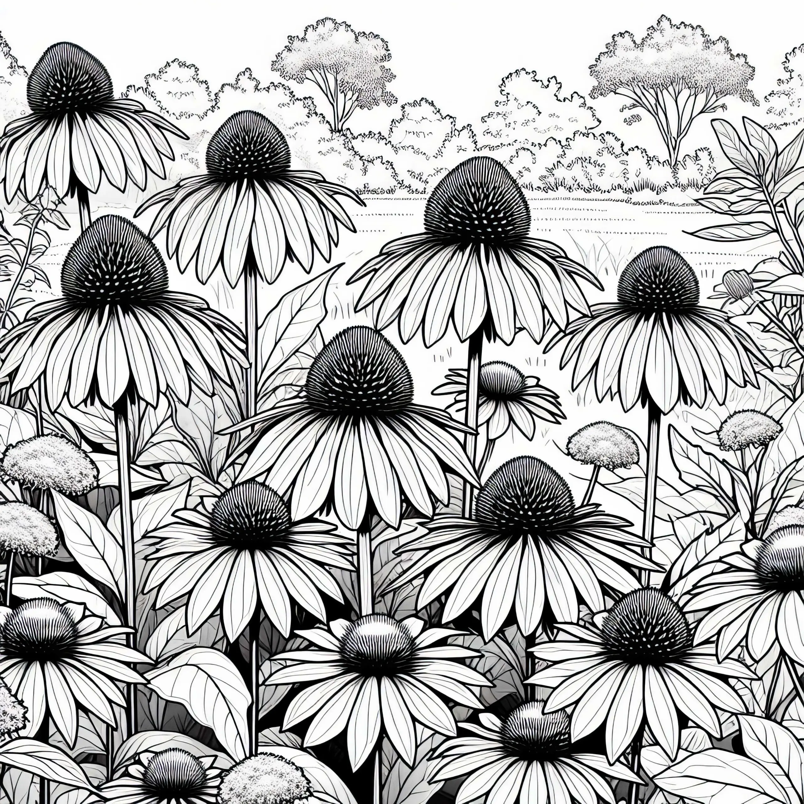 Mehrere Blumen mit Sonnenhüten stehen nebeneinander – Ausmalbild kostenlos