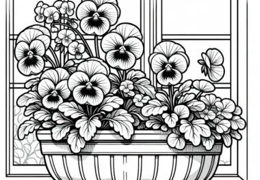 Mehrere Blumen: Stiefmütterchen blühen im Pflanzkasten am Fenster – Malvorlage kostenlos