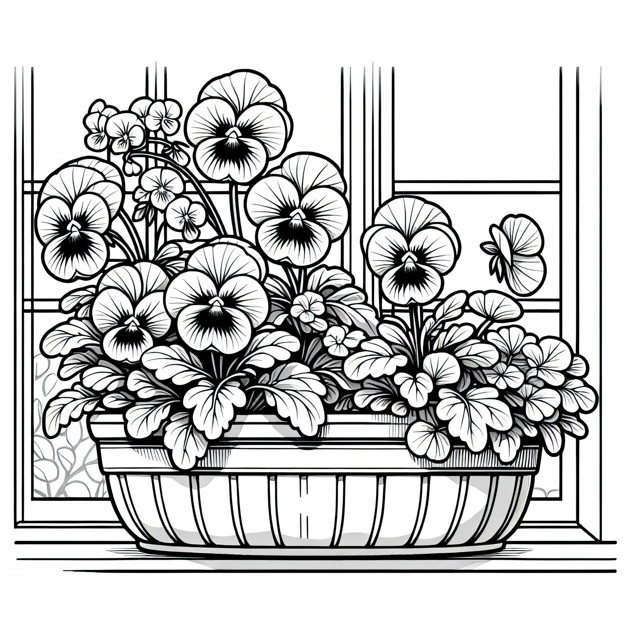 Mehrere Blumen: Stiefmütterchen blühen im Pflanzkasten am Fenster – Malvorlage kostenlos (Ausmalbild)