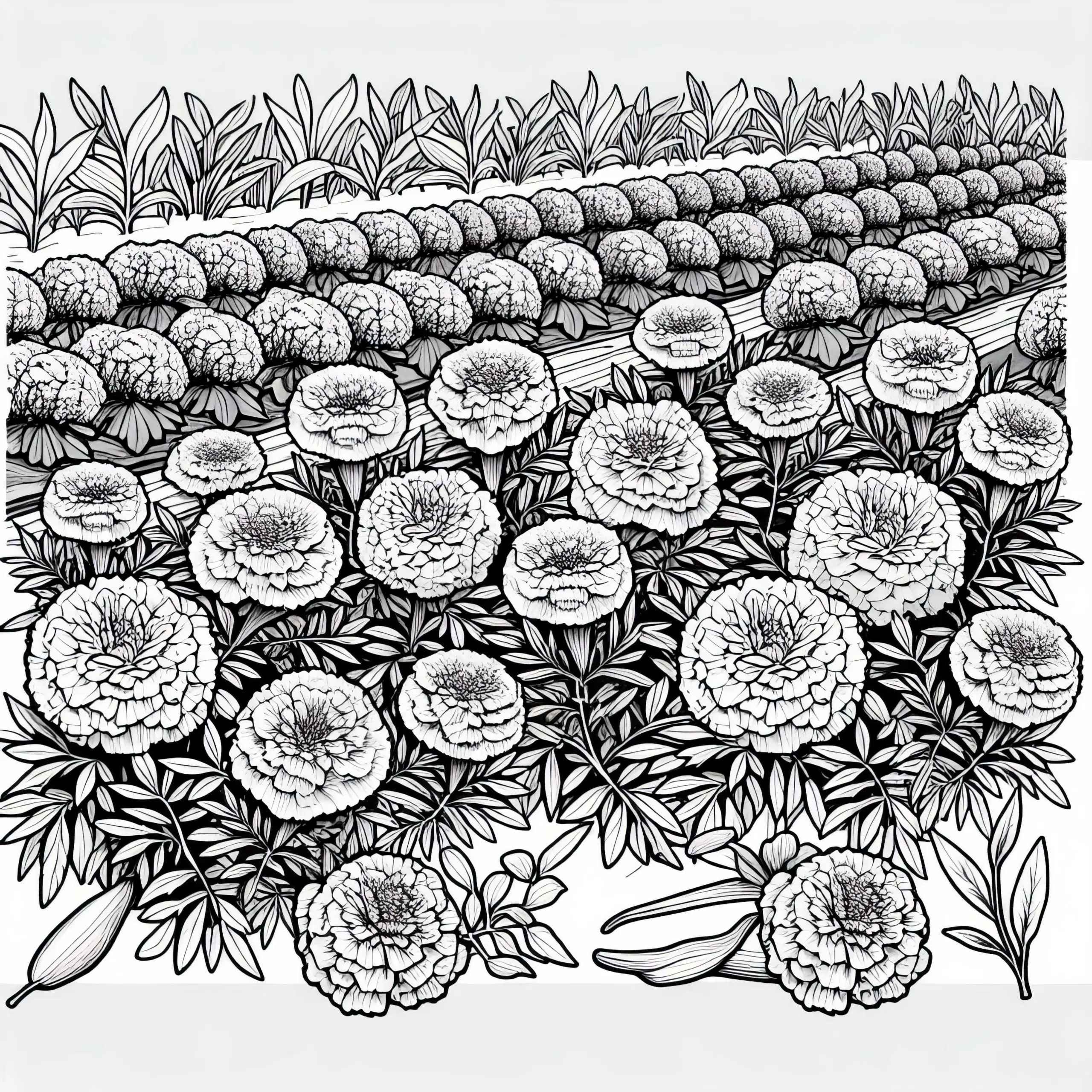 Ausmalbild mit mehreren Blumen – Tagetes Malvorlage kostenlos herunterladen