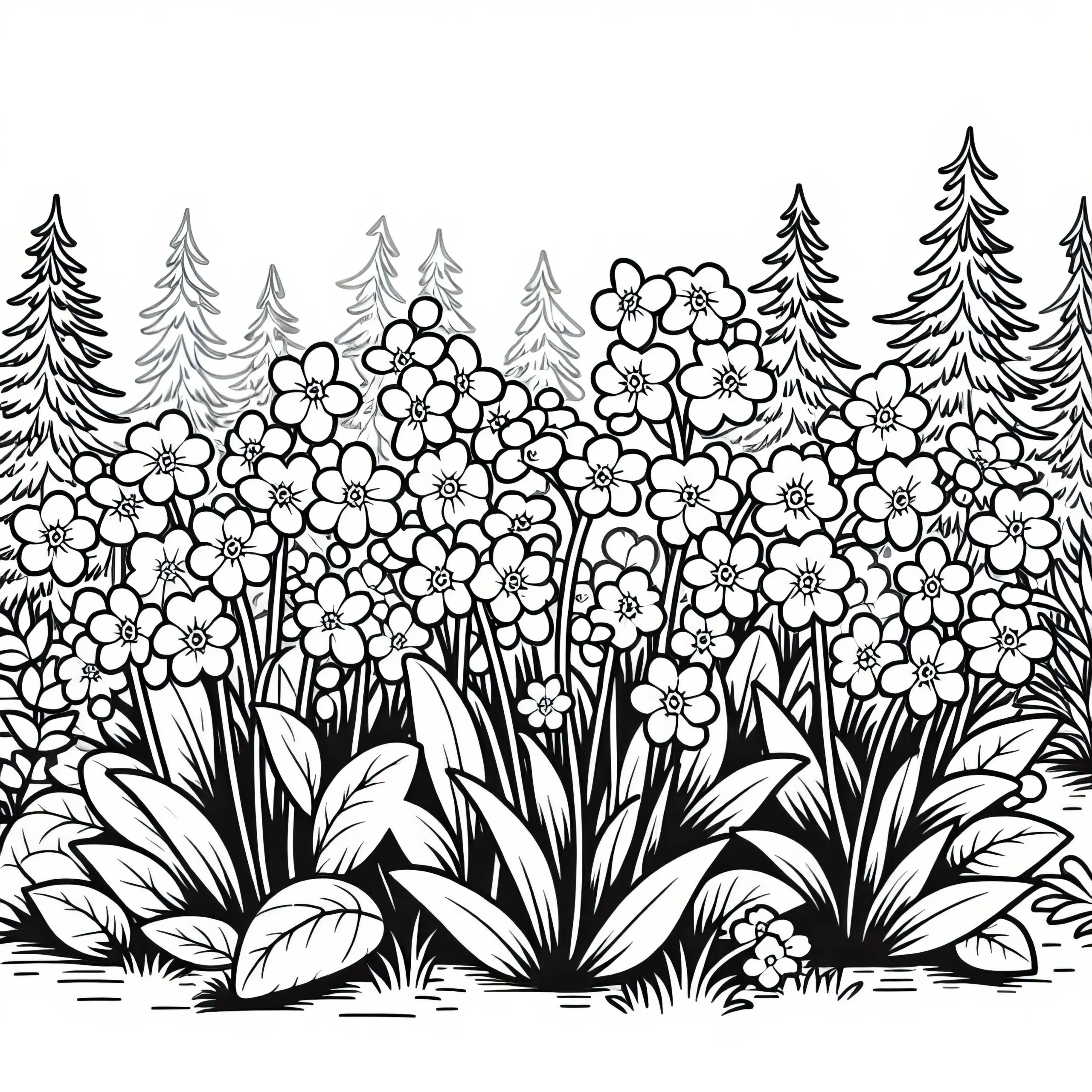 Mehrere Blumen mit Vergissmeinnicht Bedecken eine Lichtung im Frühlingswald – Malvorlage Kostenlos (Ausmalbild)