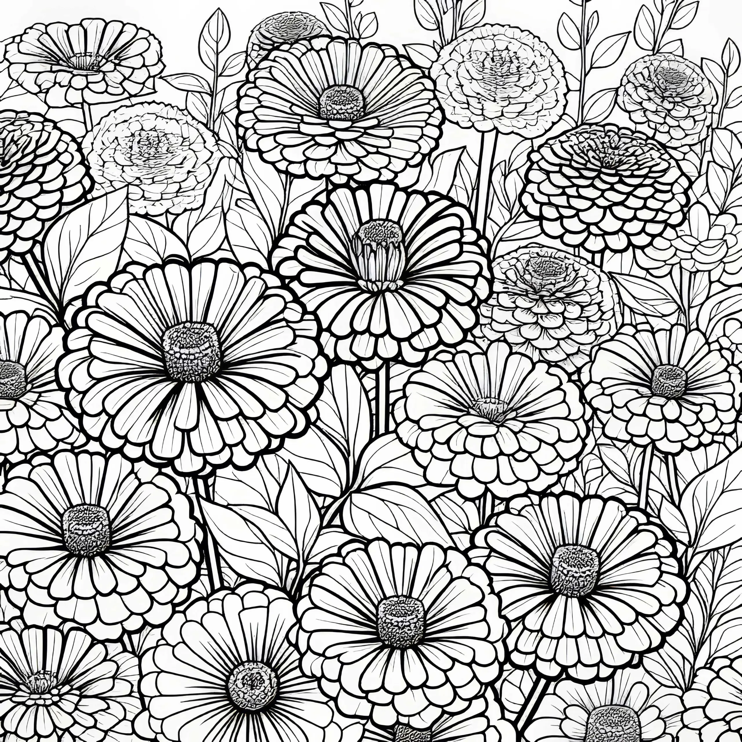 Mehrere Blumen Zinnien Malvorlage Kostenlos (Ausmalbild)