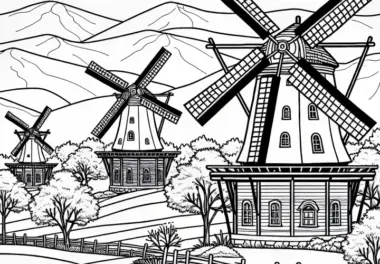 Mehrere Mühlen im Wind – Malvorlage kostenlos