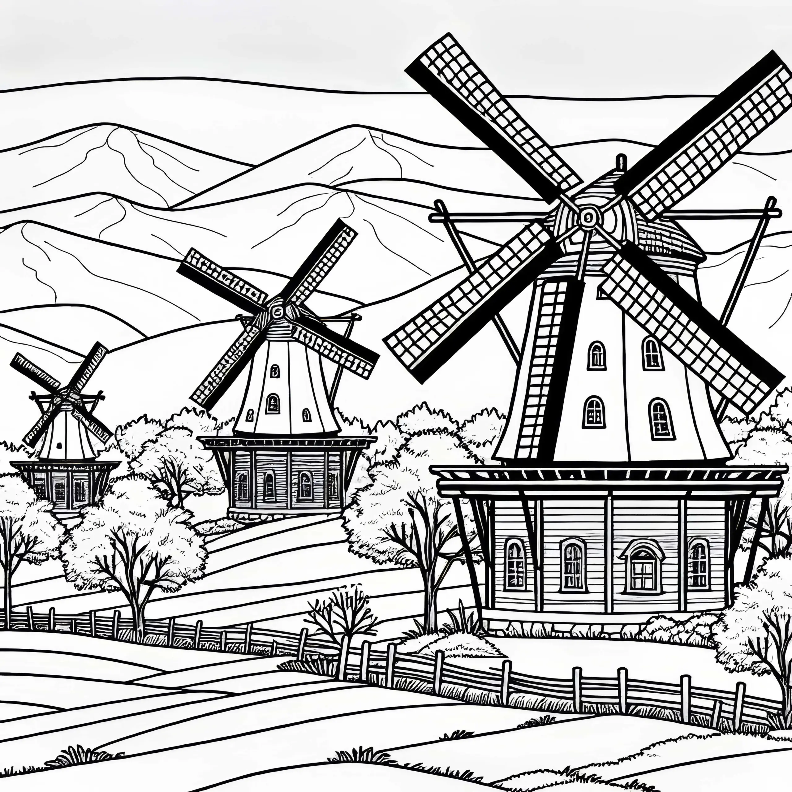 Mehrere Mühlen im Wind – Malvorlage kostenlos (Ausmalbild)