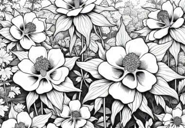 Mehrere Pflanzen der Blume Akelei im Gartenbeet – Ausmalbild kostenlos
