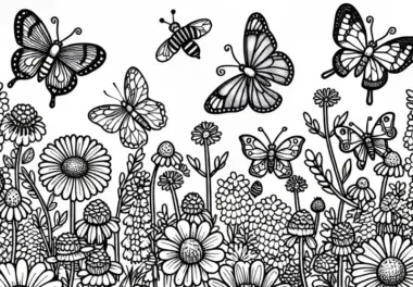 Mehrere Schmetterlinge auf Wiese mit Wildblumen – Ausmalbild kostenlos