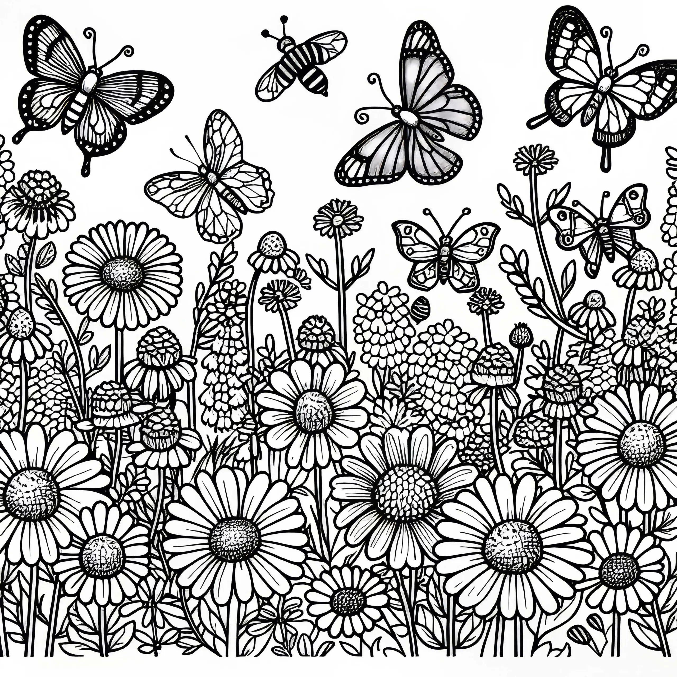 Mehrere Schmetterlinge auf Wiese mit Wildblumen – Ausmalbild kostenlos