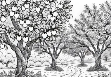 Mehrere Speierlingsbäume Stehen Vereinzelt auf Streuobstwiese – Ausmalbild Kostenlos