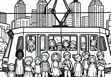 Kinder fahren mit Straßenbahn – Malvorlage kostenlos