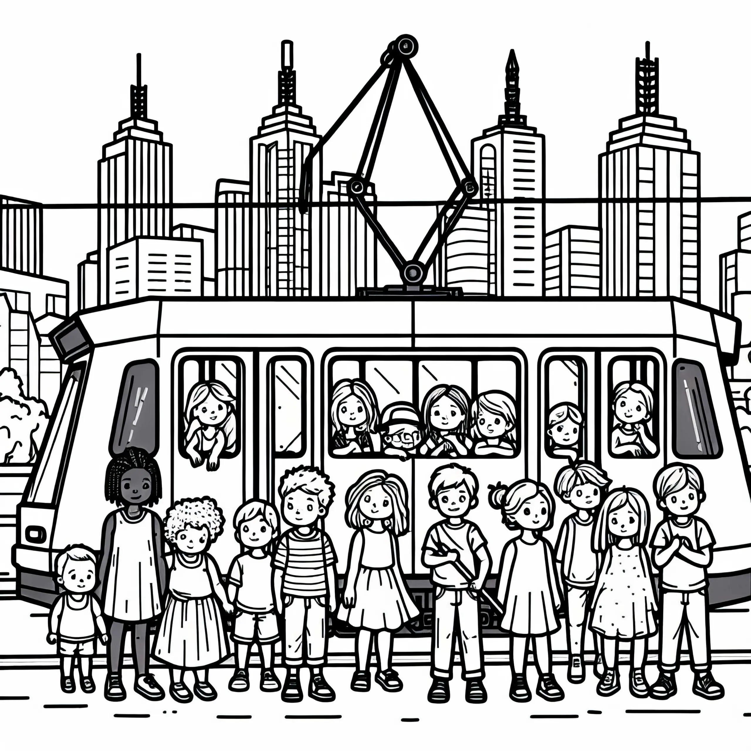 Kinder fahren mit Straßenbahn – Malvorlage kostenlos (Ausmalbild)