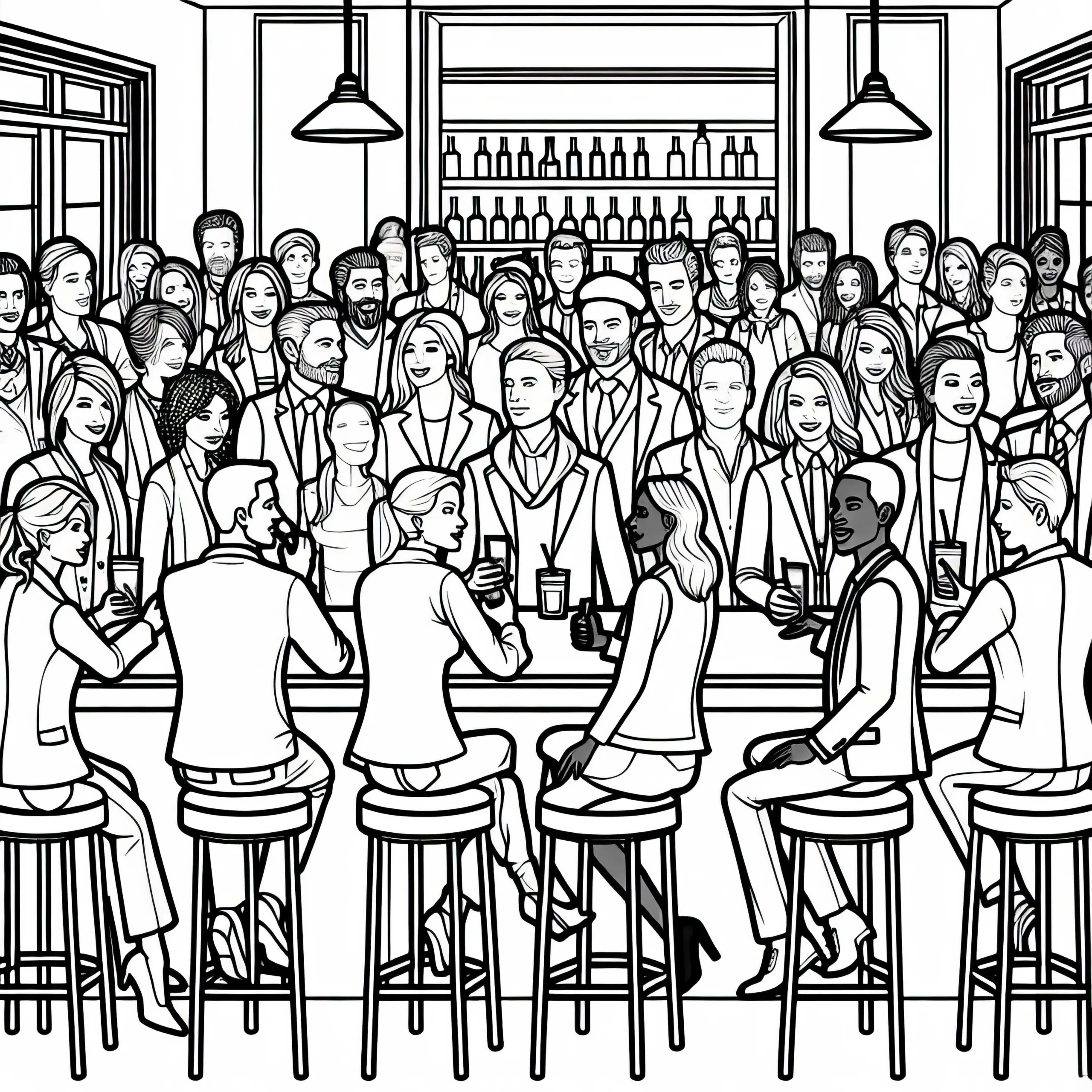 Menschen an der Bar eines Restaurants – Malvorlage kostenlos (Ausmalbild)