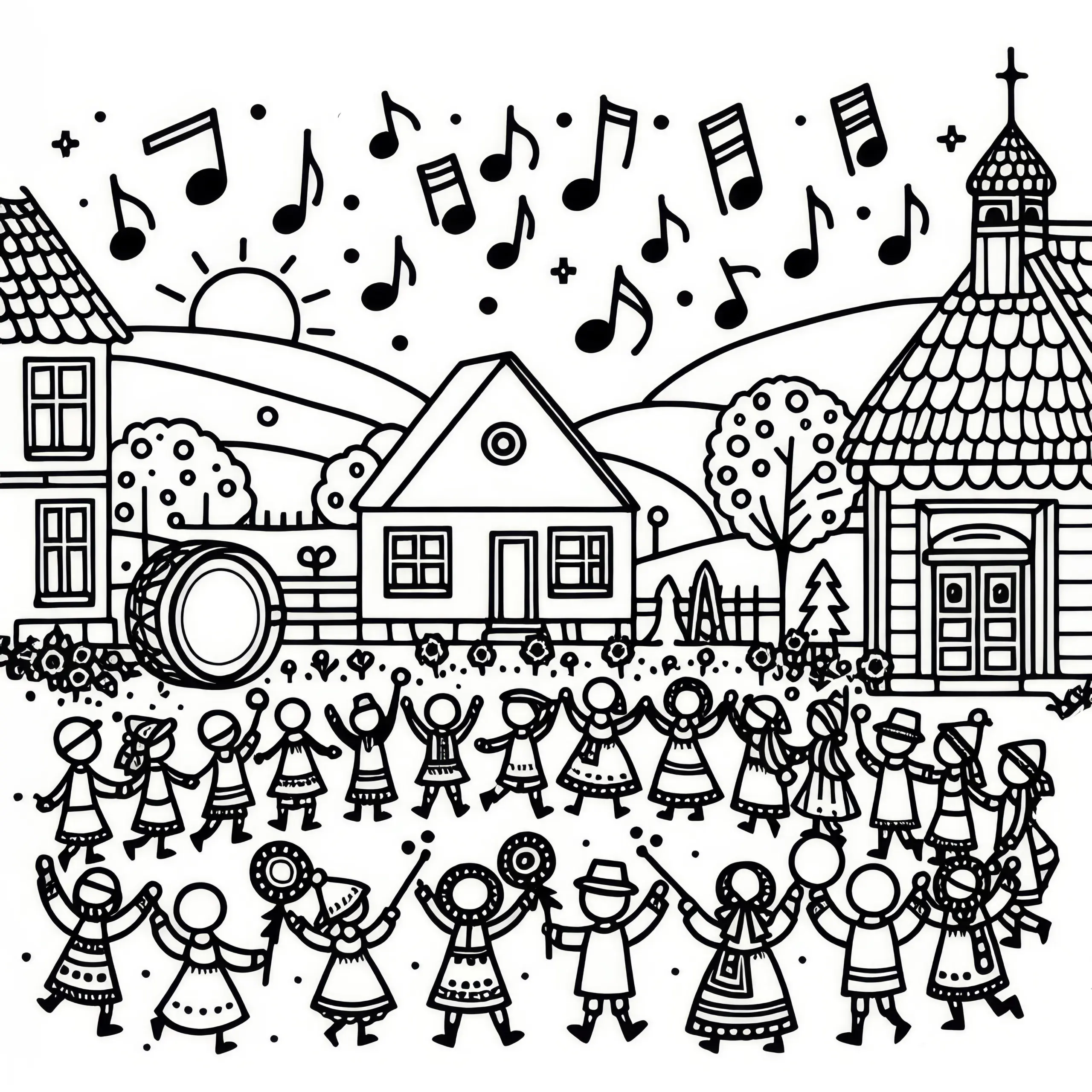 Menschen feiern ein Dorffest mit Musik und Tanz im August: Ausmalbild zum Herunterladen (Kostenlos)