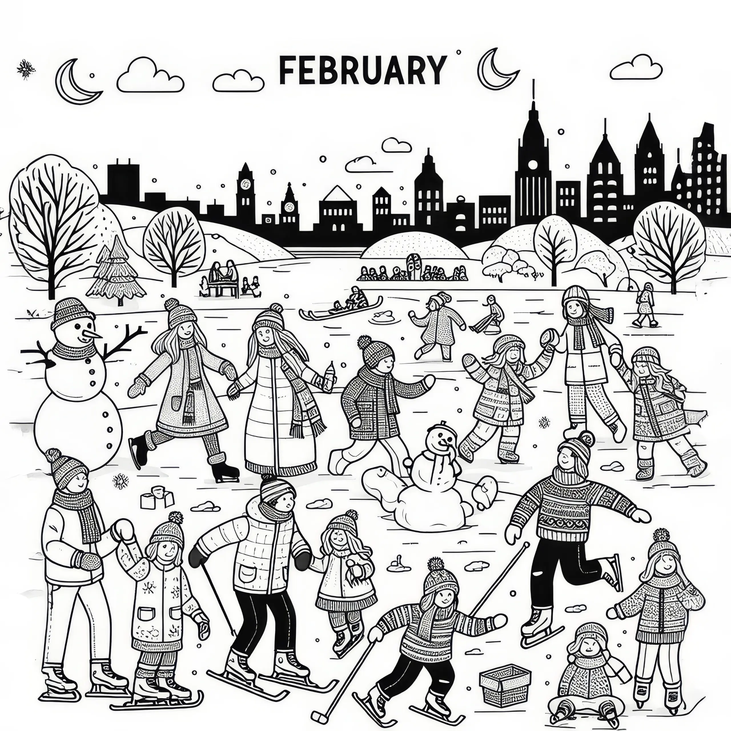 Menschen feiern den letzten Wintermonat im Februar (Kostenlos) (Ausmalbild)