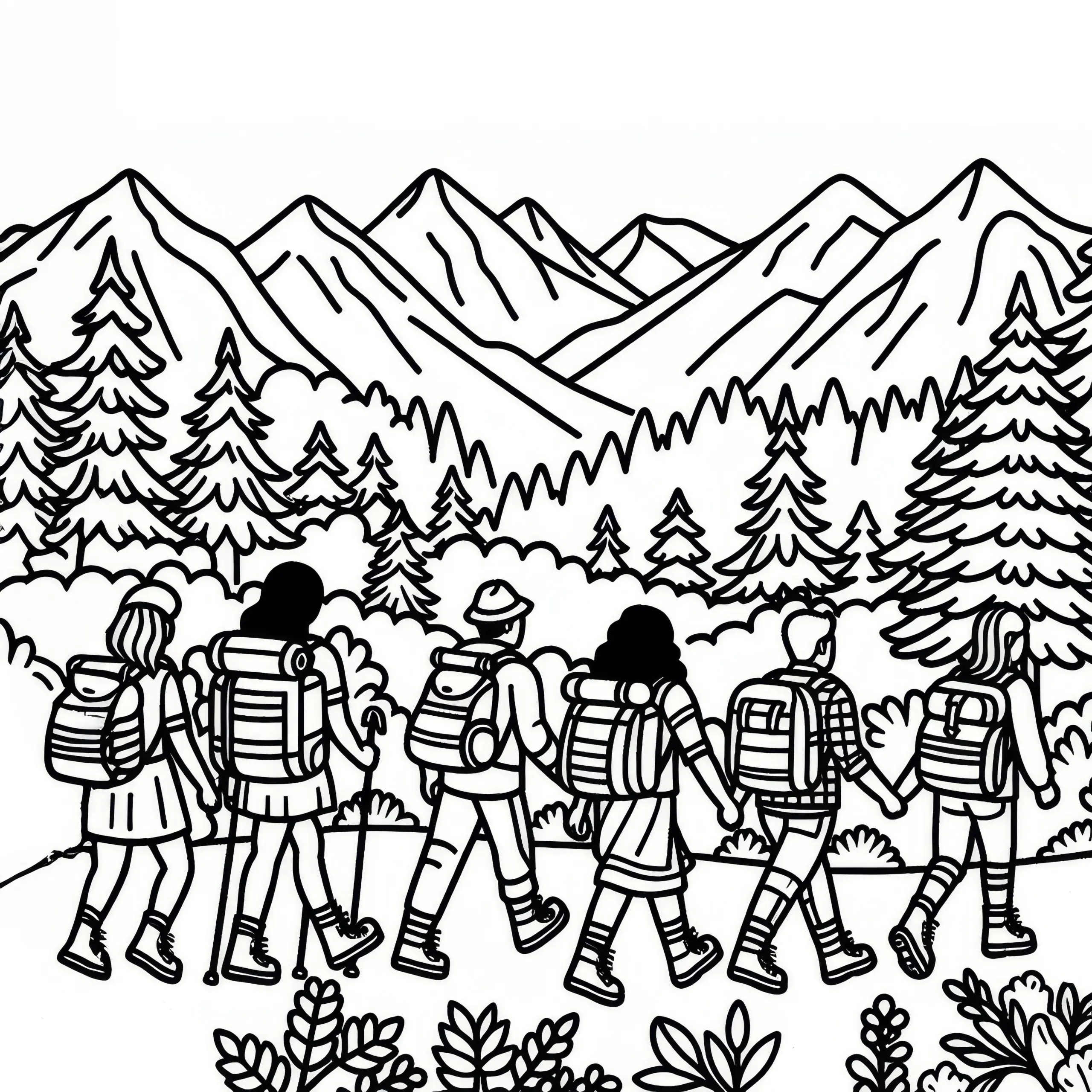 Menschen gehen wandern in den Bergen im August: Gratis Malvorlage zum Download (Ausmalbild)