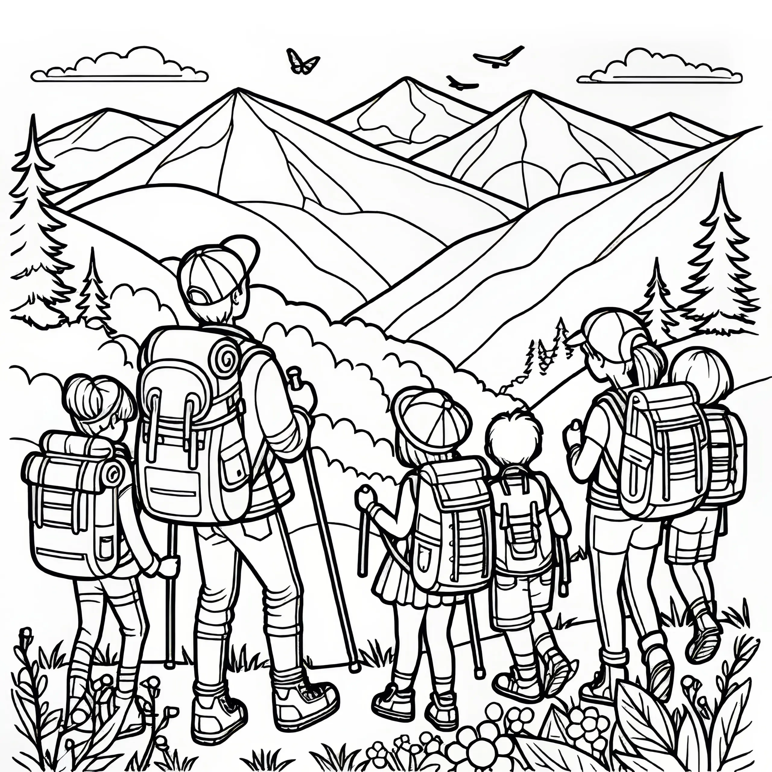 Menschen genießen Wanderung in den Bergen im Mai: Ausmalbild zum Herunterladen (Kostenlos)