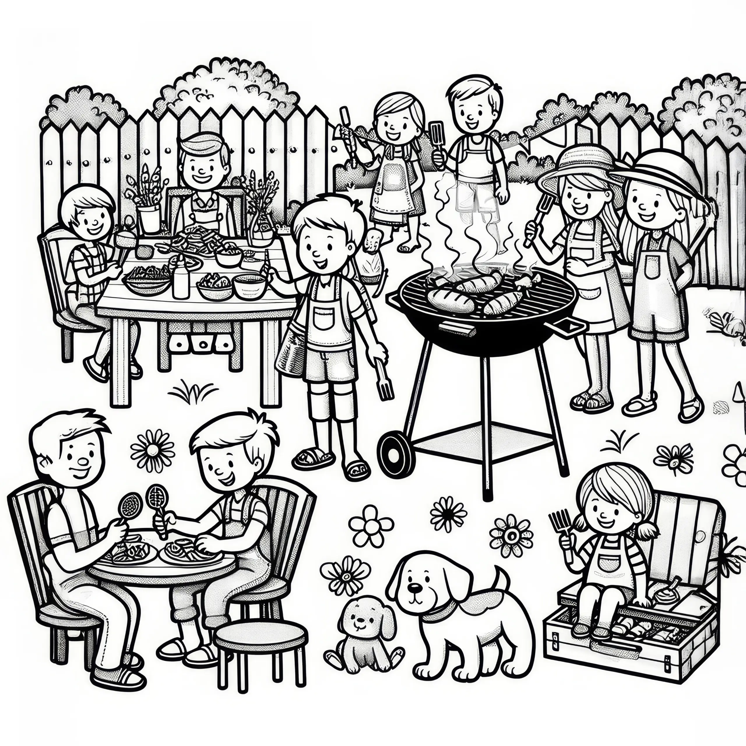 Menschen beim Grillfest im Garten im Mai: Ausmalbild zum Download (Gratis)