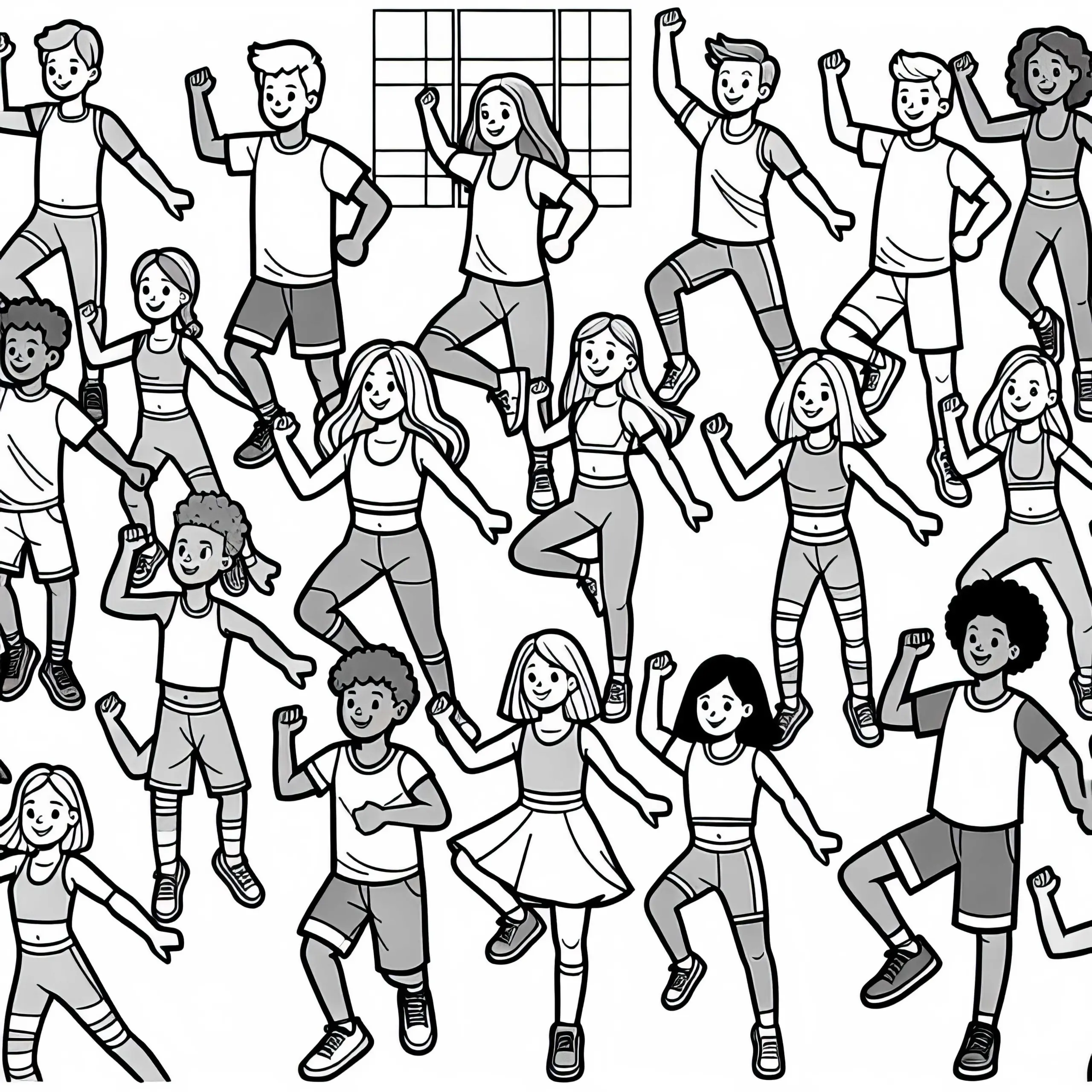 Menschen machen synchron Aerobic Schritte – Malvorlage gratis (Ausmalbild)