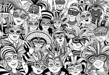 Menschen mit Masken beim Karneval: Ausmalbild Einfach und Kostenlos