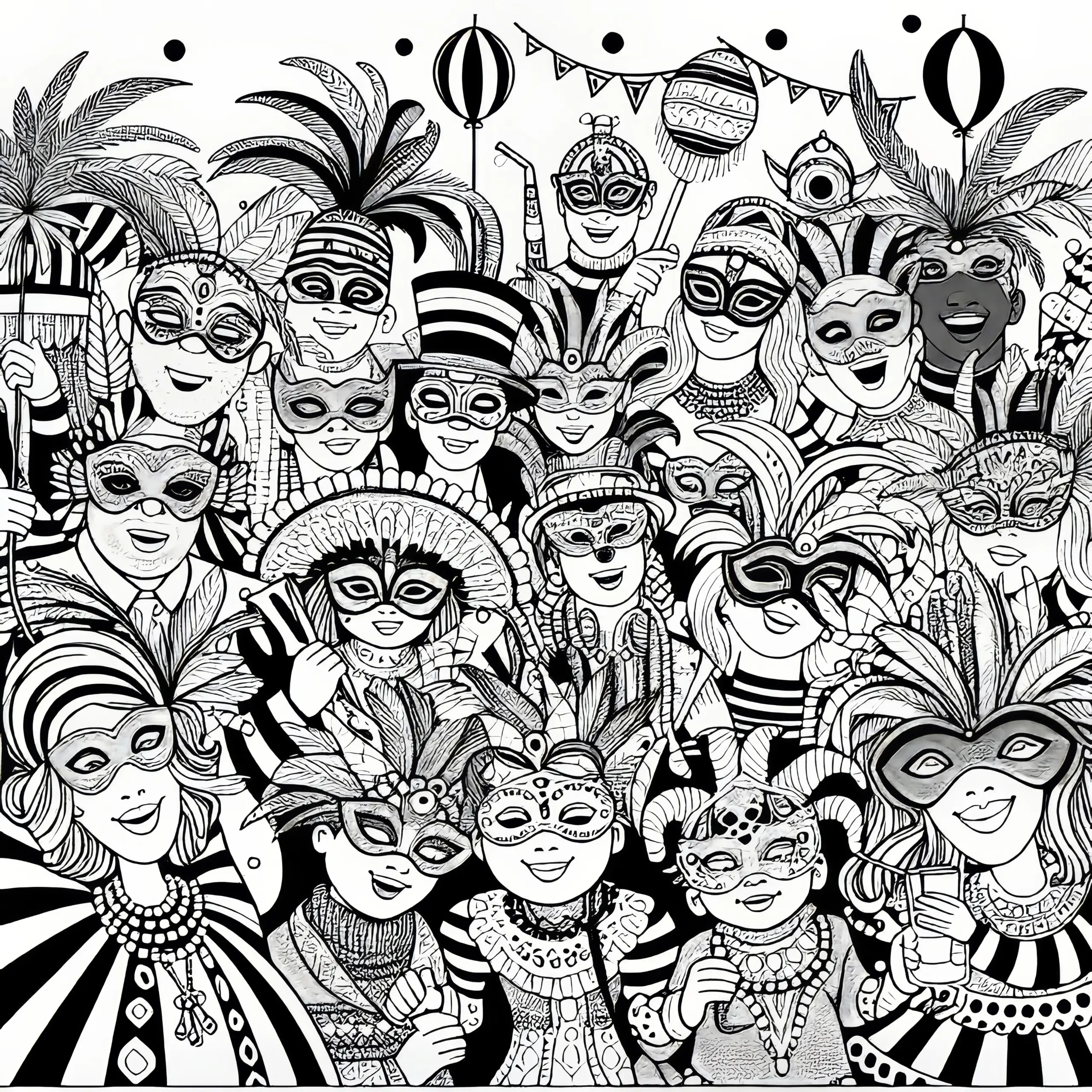 Menschen mit Masken beim Karneval: Ausmalbild Einfach und Kostenlos