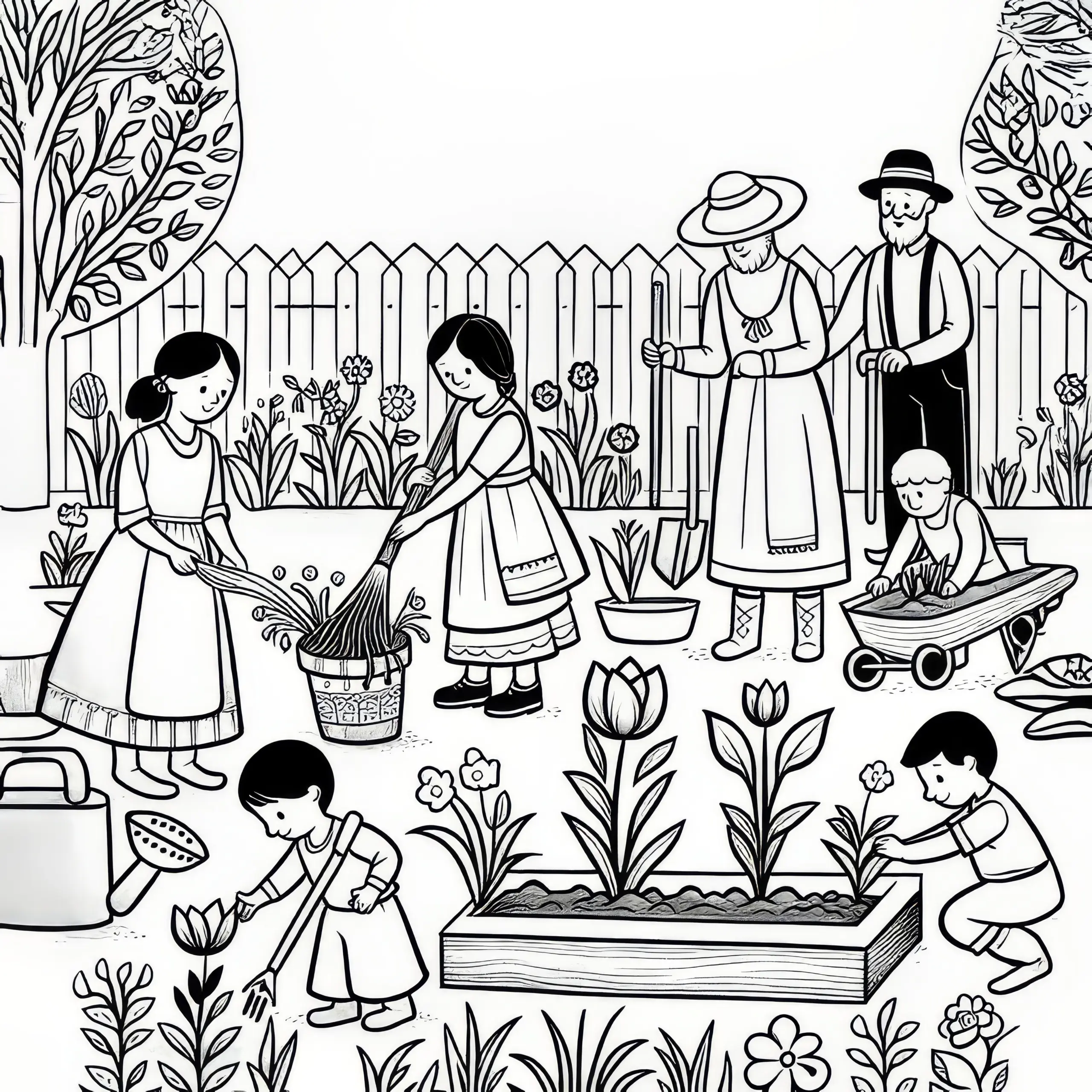 Menschen und Pflanzen: Erste Blumen im Garten im März als Malvorlage (Kostenlos) (Ausmalbild)
