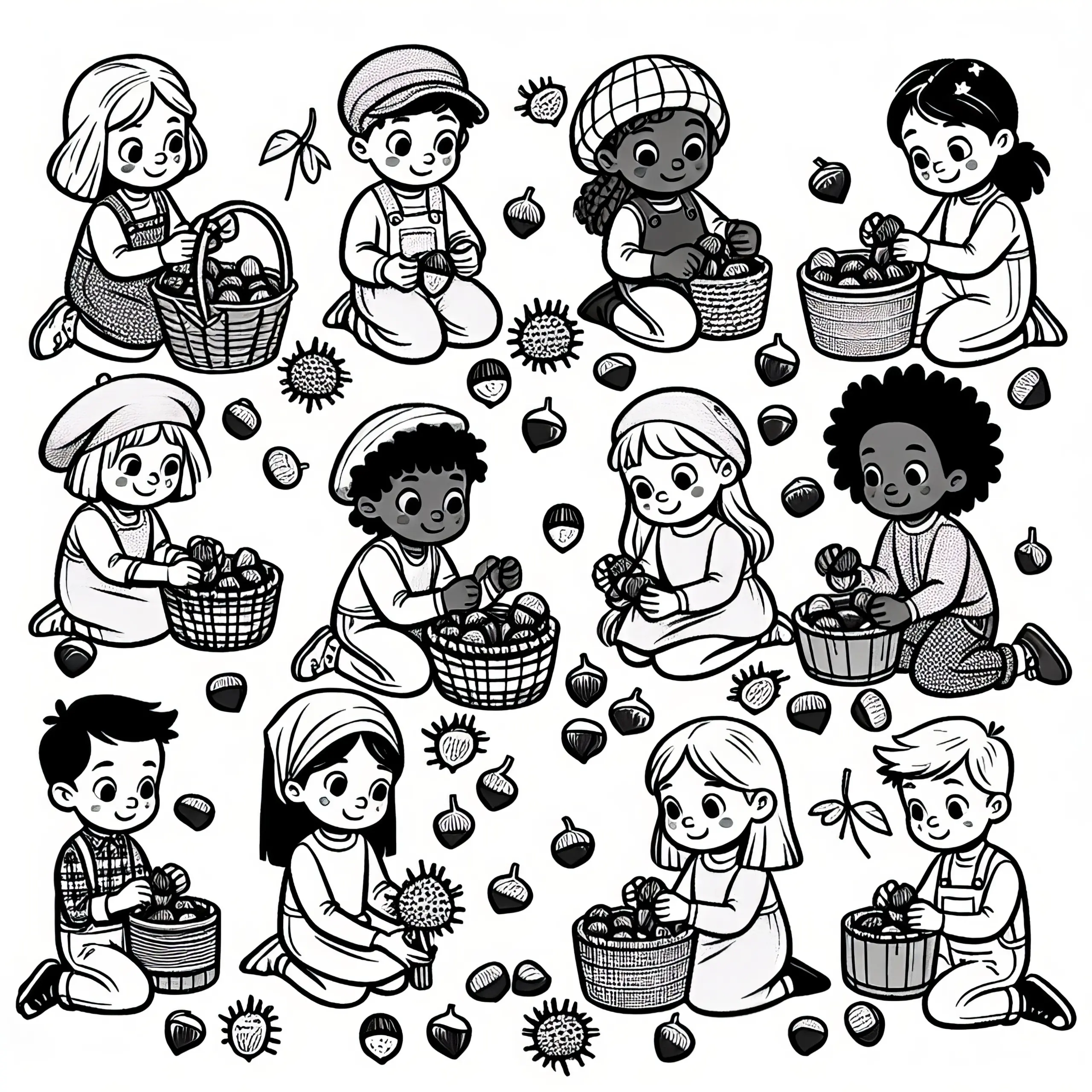 Menschen sammeln Kastanien und basteln Figuren im September: Ausmalbild zum Download (Gratis)
