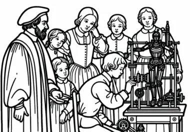Menschen sehen Erfinder beim Bau einer mechanischen Figur zu Malvorlage Renaissance kostenlos