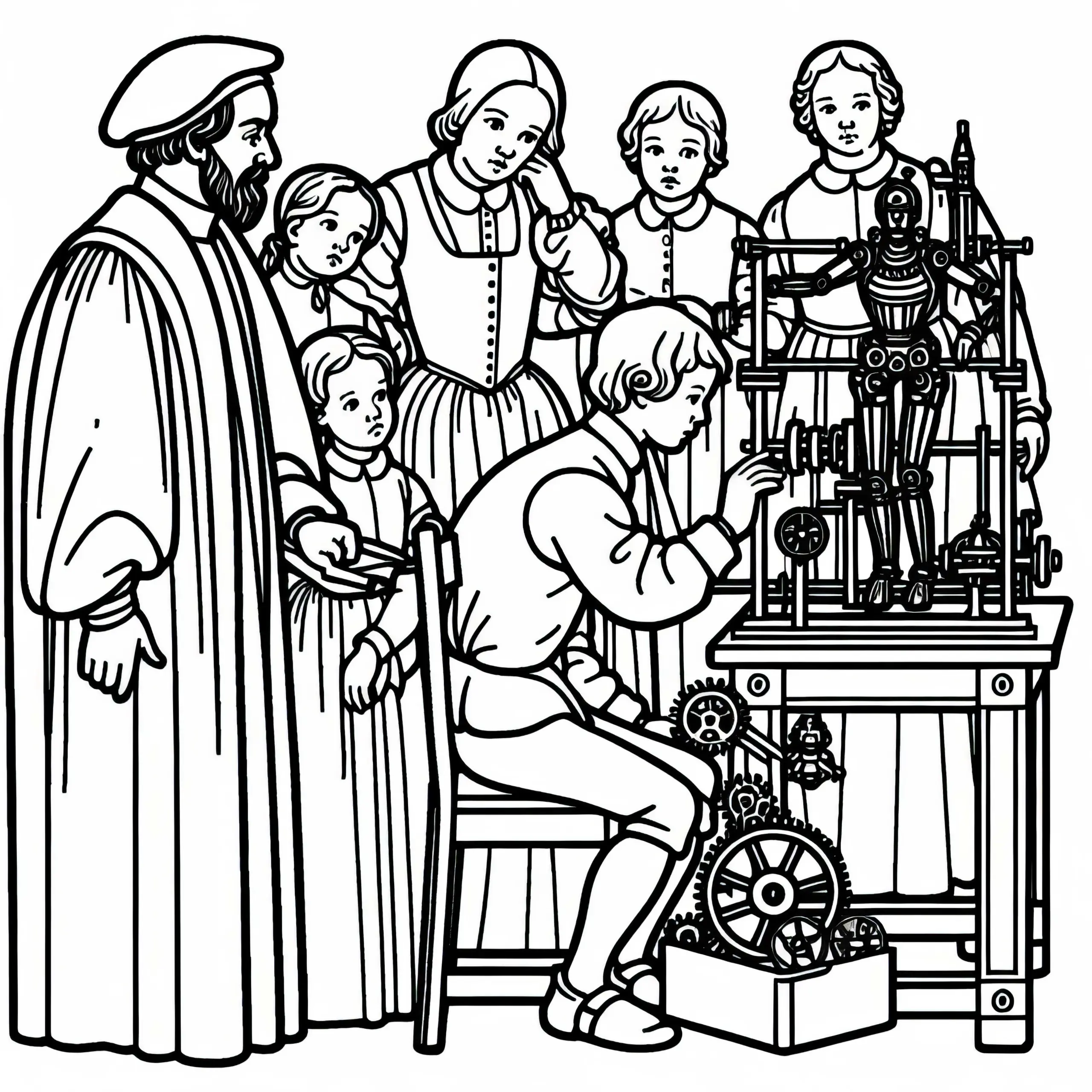 Menschen sehen Erfinder beim Bau einer mechanischen Figur zu Malvorlage Renaissance kostenlos (Ausmalbild)