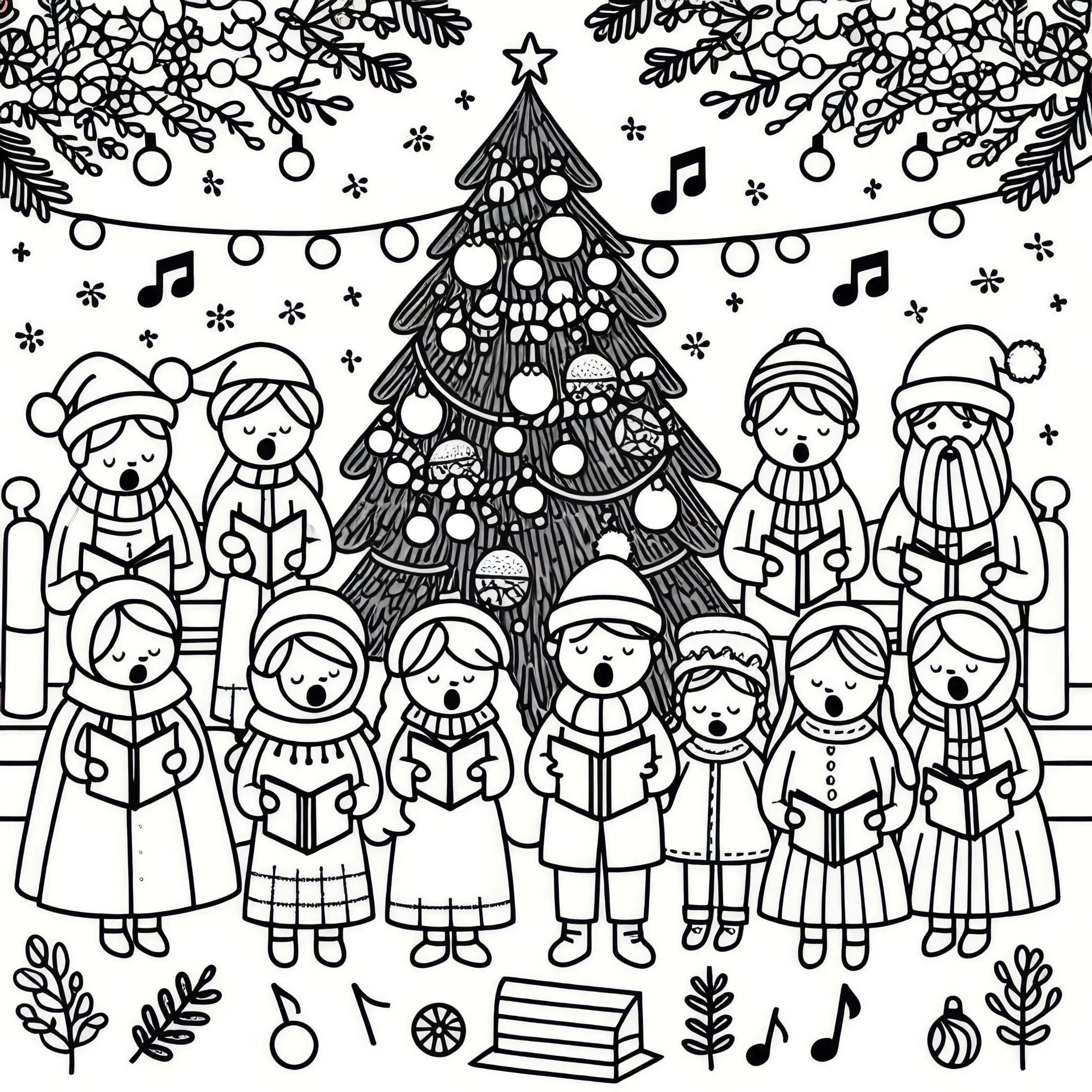 Menschen singen Weihnachtslieder vor einem festlich dekorierten Baum: Kostenloses Ausmalbild