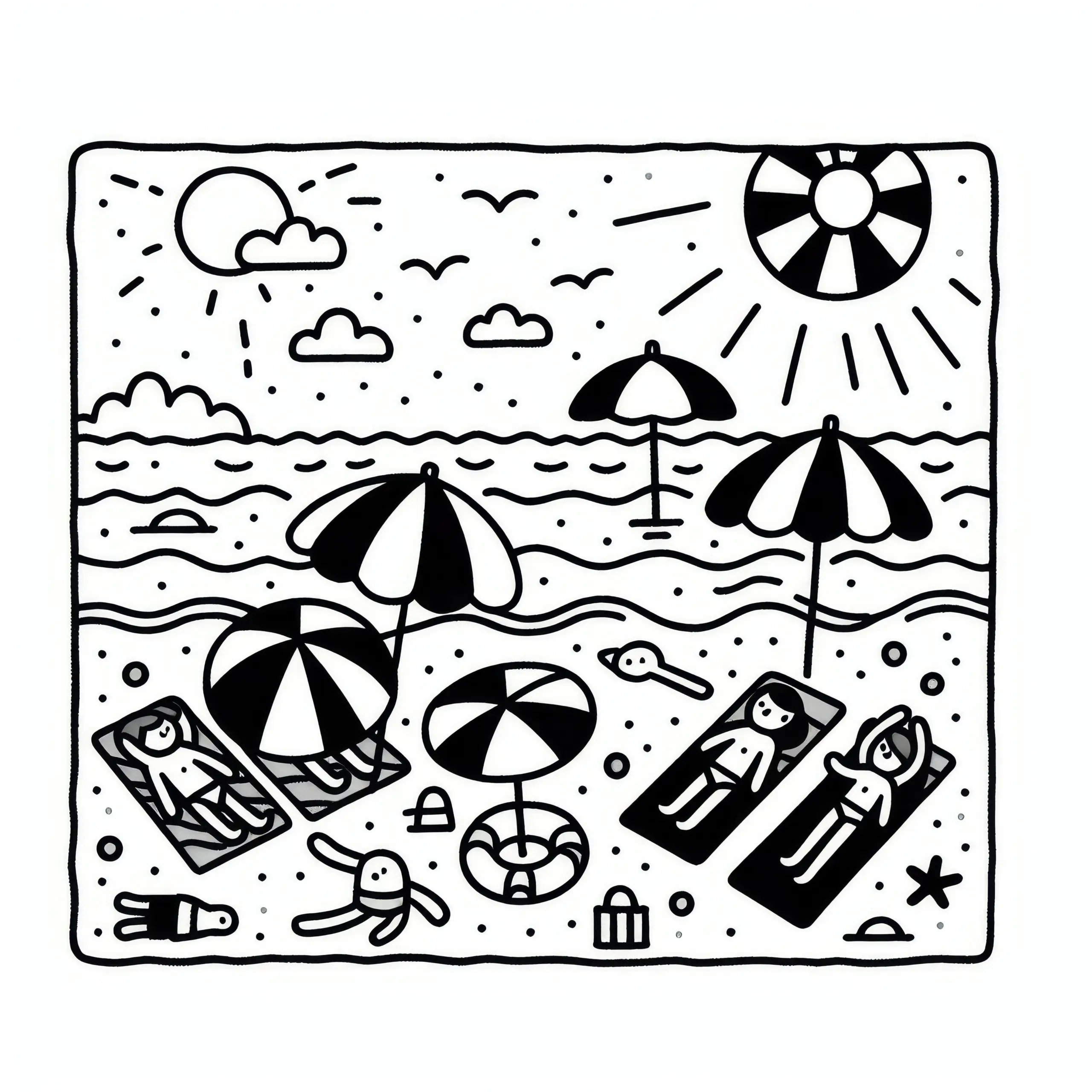 Menschen mit Sonnenschirmen am Strand im Juni: Kostenlose Malvorlage (Ausmalbild)
