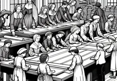 Menschen sortieren Buchseiten auf großem Tisch – Ausmalbild Buchdruck kostenlos