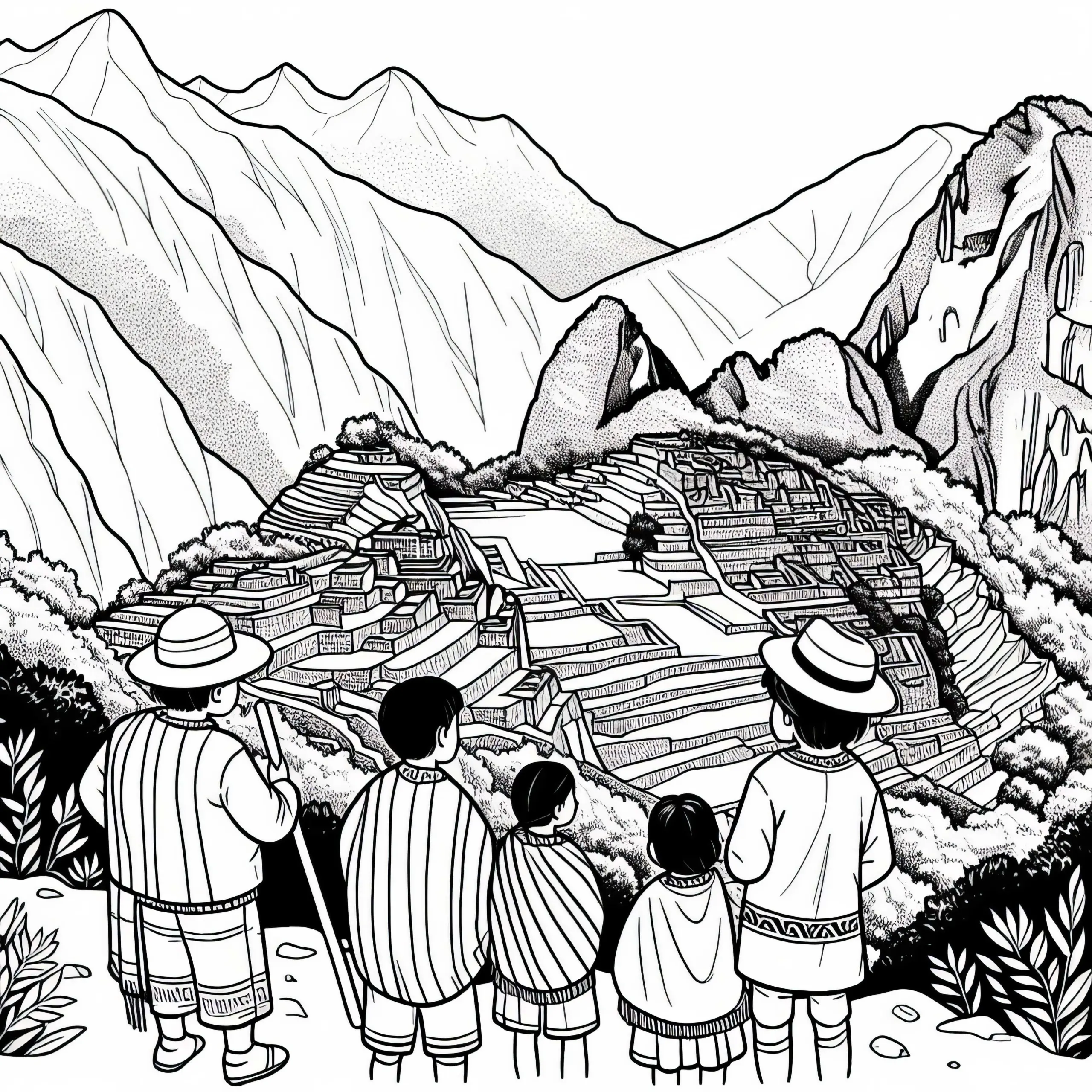 Menschen stehen auf Anhöhe und blicken auf Terrassen von Machu Picchu – Ausmalbild Inka gratis