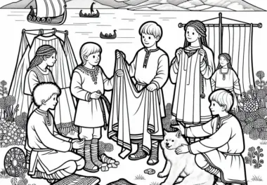 Menschen tauschen Ware – Ausmalbild zu Wikingerentdeckungen kostenlos herunterladen
