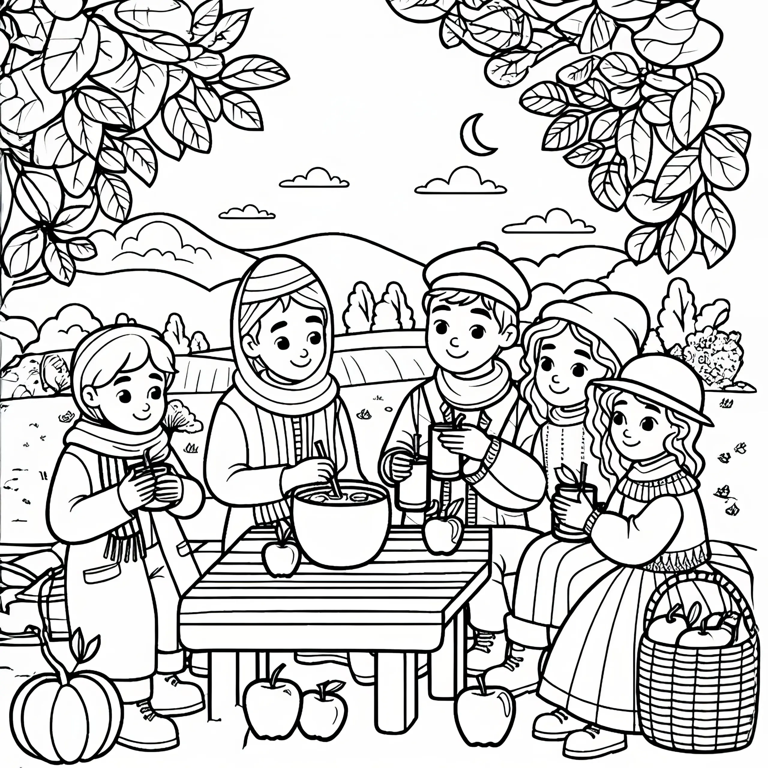 Menschen trinken heißen Apfelmost in herbstlicher Landschaft im Oktober: Ausmalbild zum Download (Kostenlos)