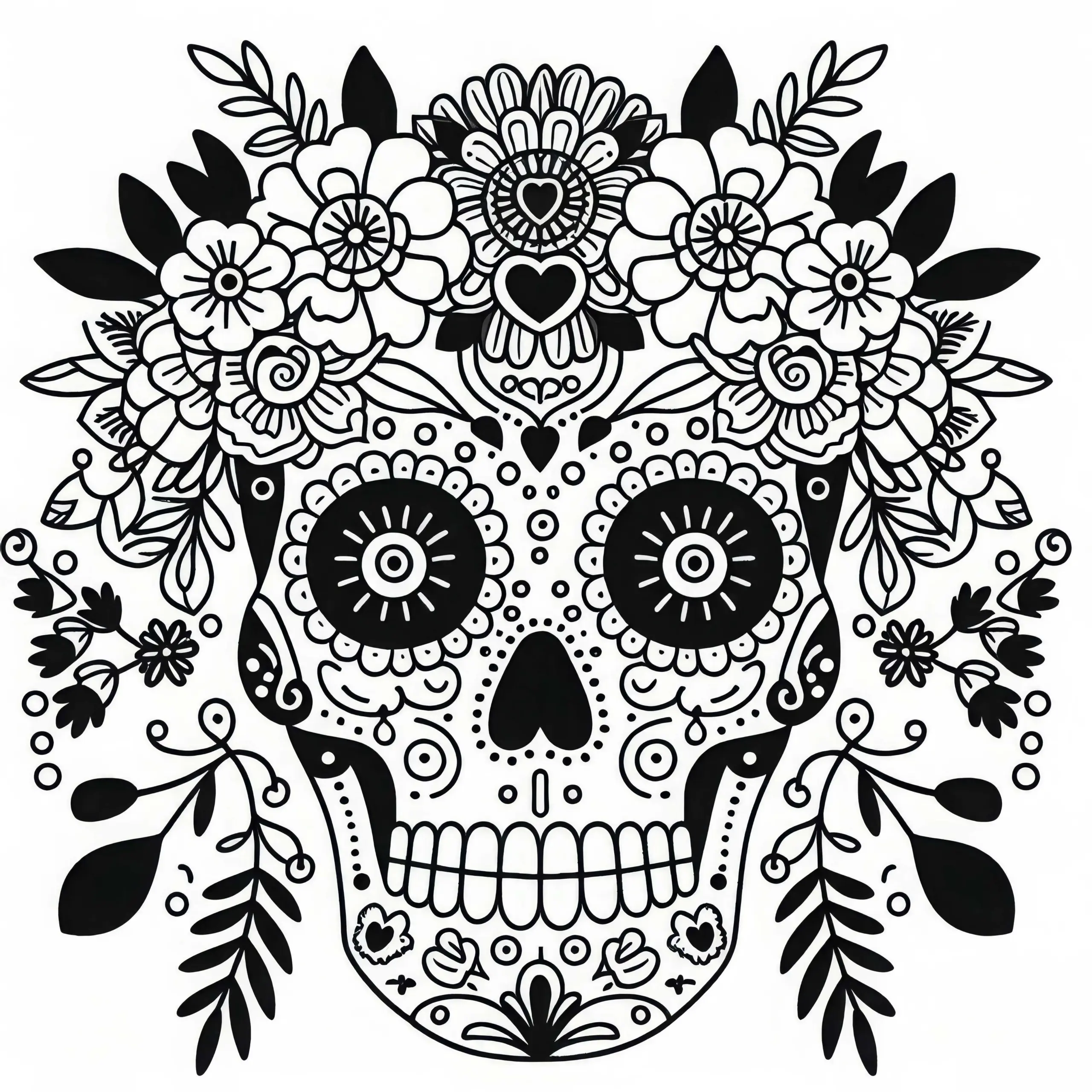 Mexikanische Totenkopfmaske mit Blumen und Ornamenten als Malvorlage (Kostenlos) (Ausmalbild)