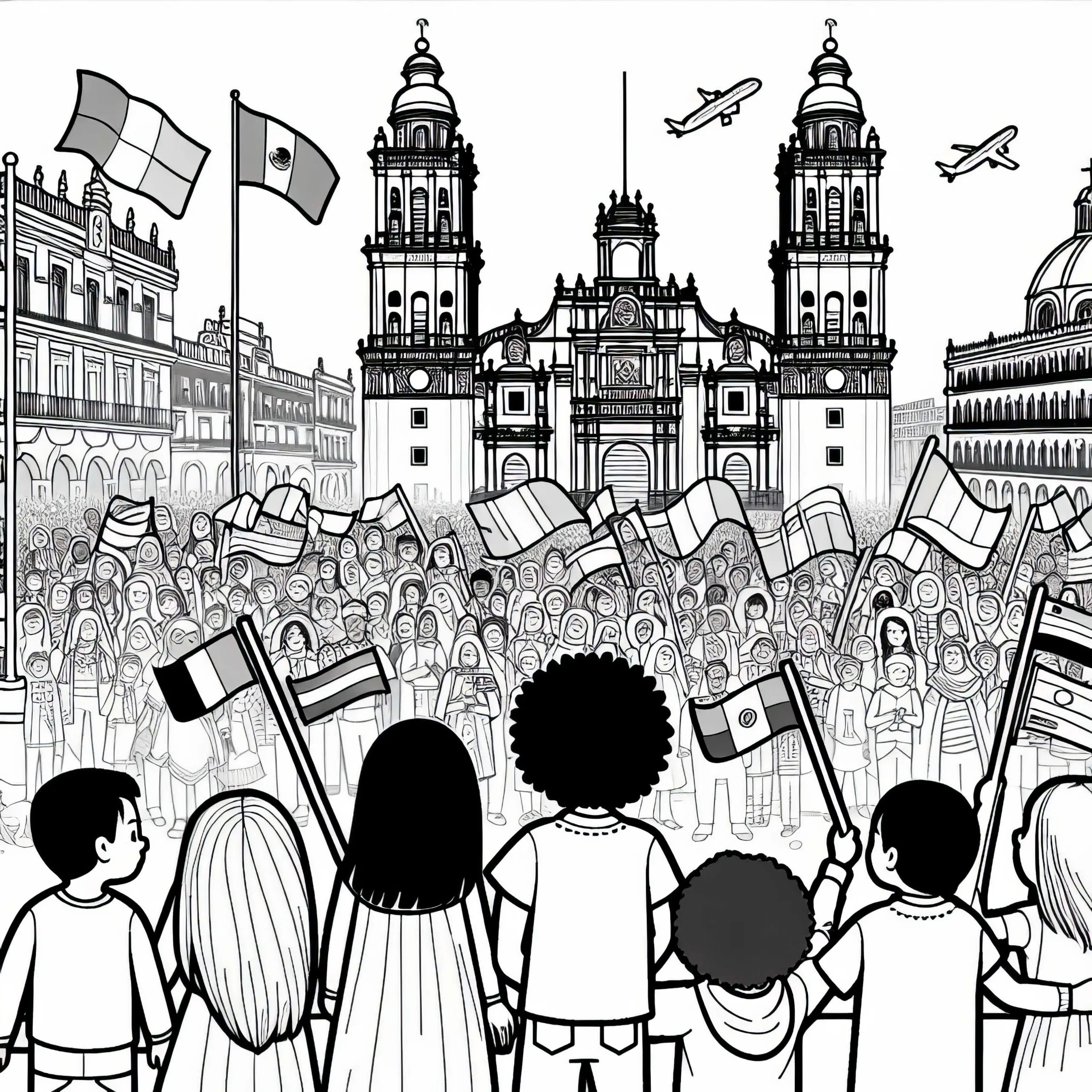 Kinder sehen buntem Treiben auf dem Zocalo in Mexiko-Stadt – Ausmalbild gratis