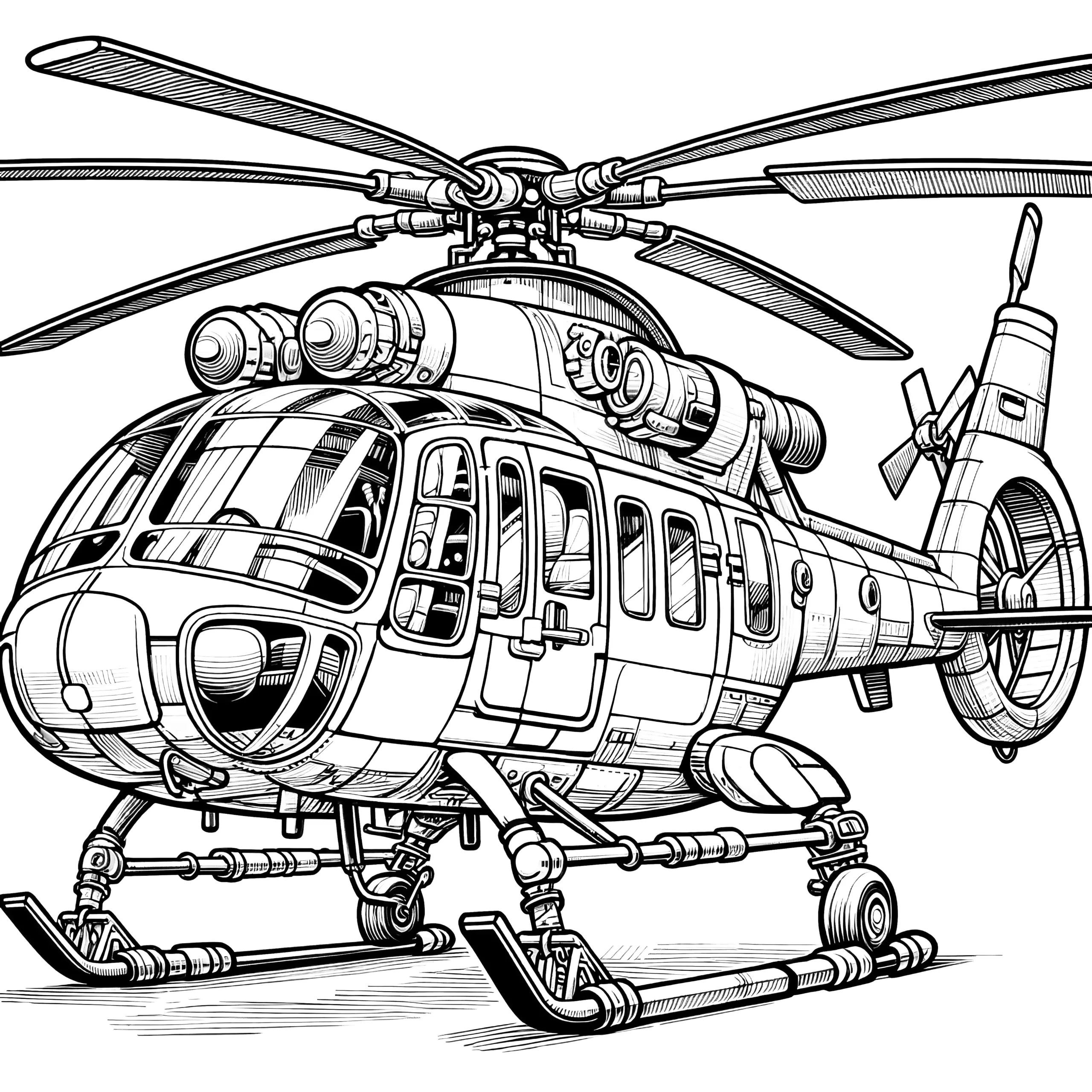 Militärhubschrauber: Komplexe Malvorlage zum Download (Kostenlos) (Ausmalbild)