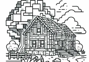 Minecraft-inspiriertes Blockhaus mit Baum – Ausmalbild für Jungs ab neun – Gratis Download