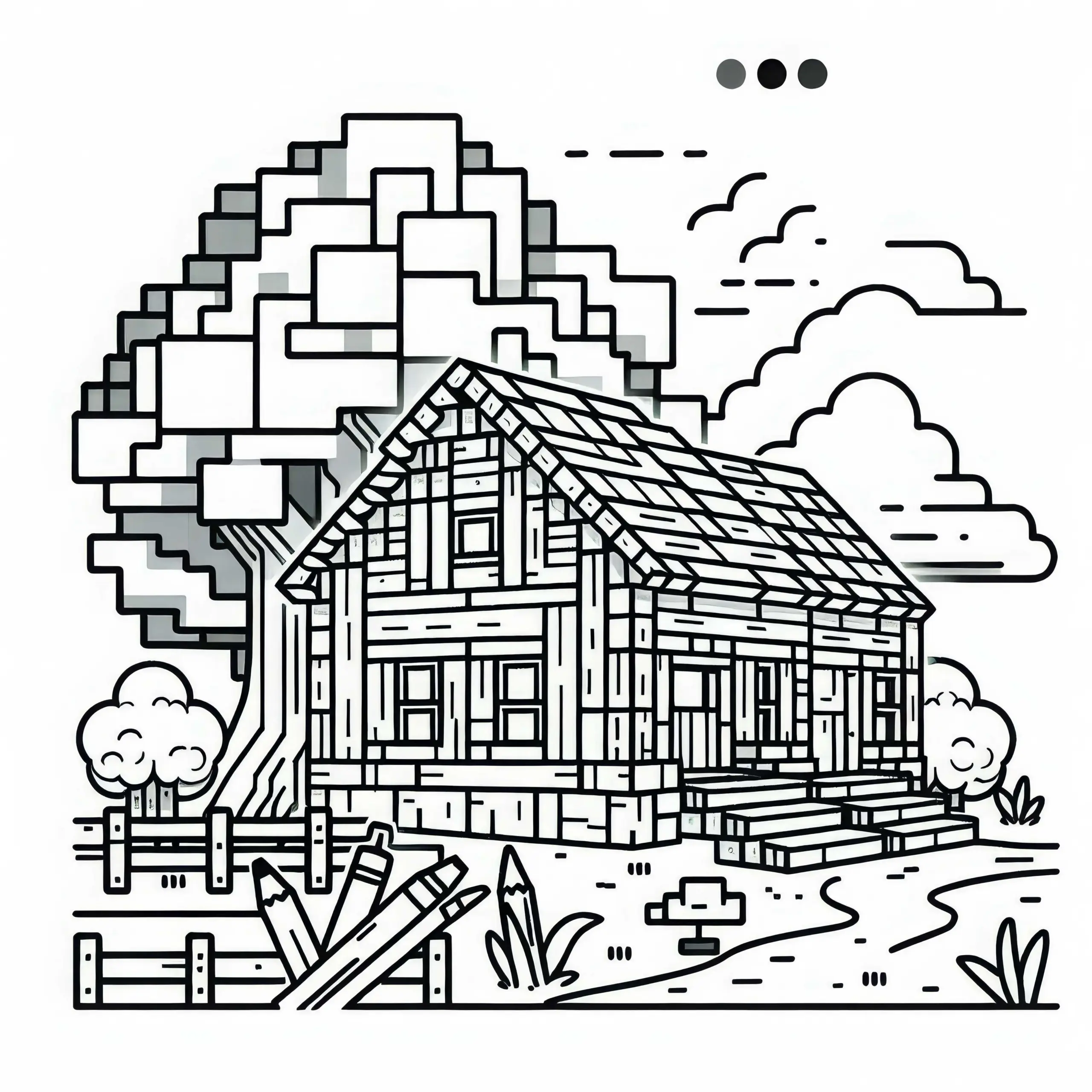 Minecraft-inspiriertes Blockhaus mit Baum – Ausmalbild für Jungs ab neun – Gratis Download