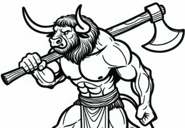 Der Minotaurus hebt eine schwere Axt – Malvorlage kostenlos