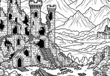 Mittelalterliche Burgruine mit Eingestürzten Mauern – Ausmalbild Kostenlos